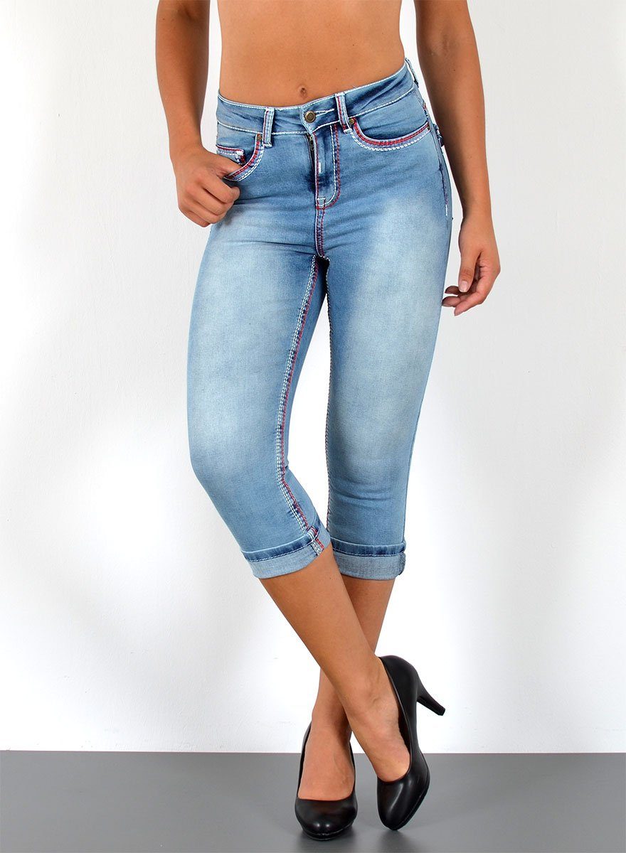 Caprijeans 3/4 Capri Jeans Damen High Waist weiße Naht Jeans Kontrastnähte J569
