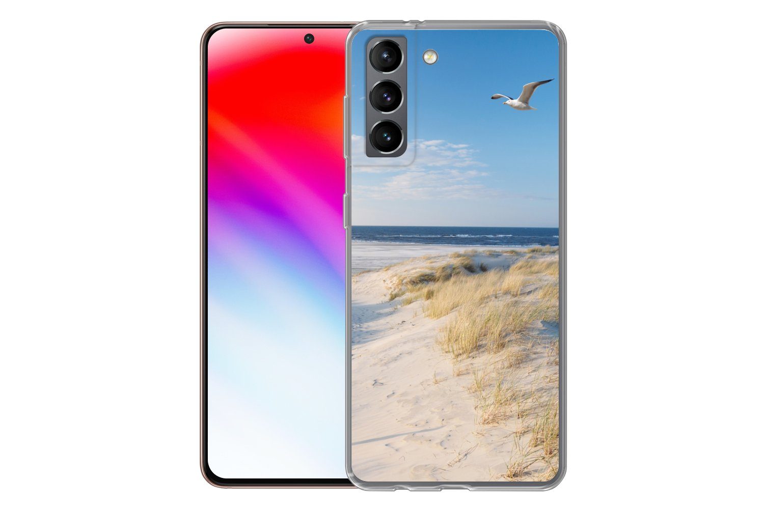 MuchoWow Handyhülle für Samsung Galaxy S21 Düne - Möwe - Strand - Meer - Sonne, Phone Case, Silikon, Schutzhülle Dünn