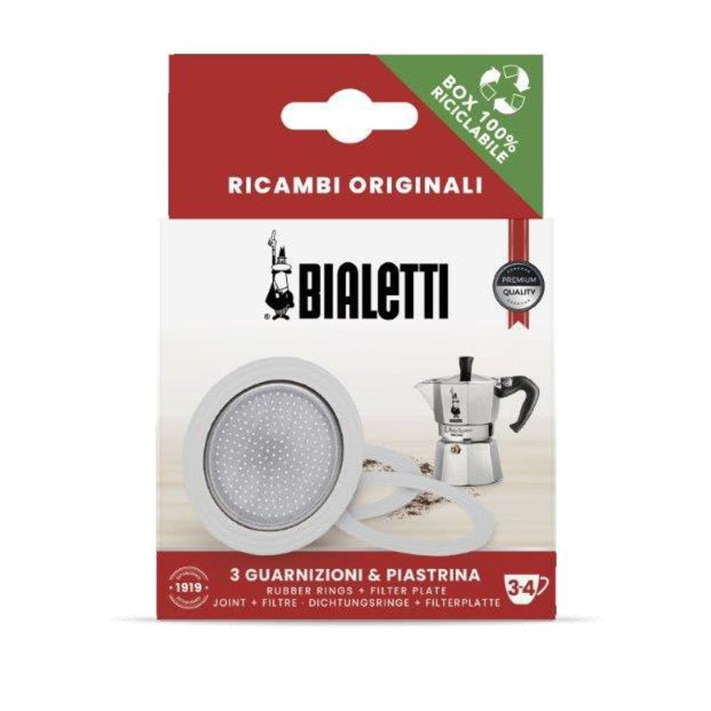 BIALETTI Dichtungsring GASKET + 1 FILTER 3/4 CUPS, 3er Set, aus Kautschuk, mit 1 Filtersieb, geeignet für Moka Express, Rainbow, Fiammetta