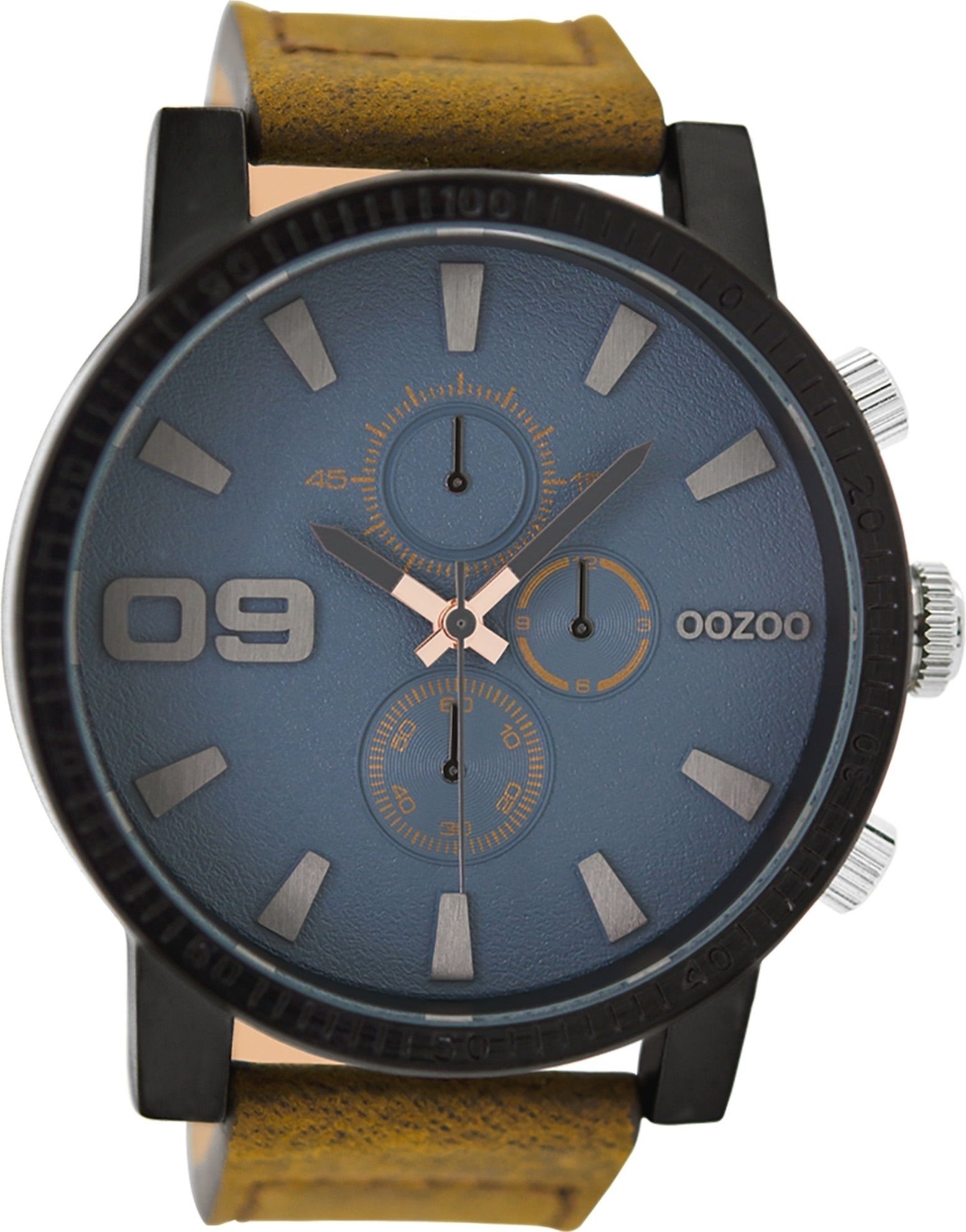 Lederarmband, blau-roségoldene Herrenuhr extra (ca. Zeiger braun Armbanduhr groß Quarzuhr rund, Herren Analog, 50mm) OOZOO Casual-Style, Oozoo