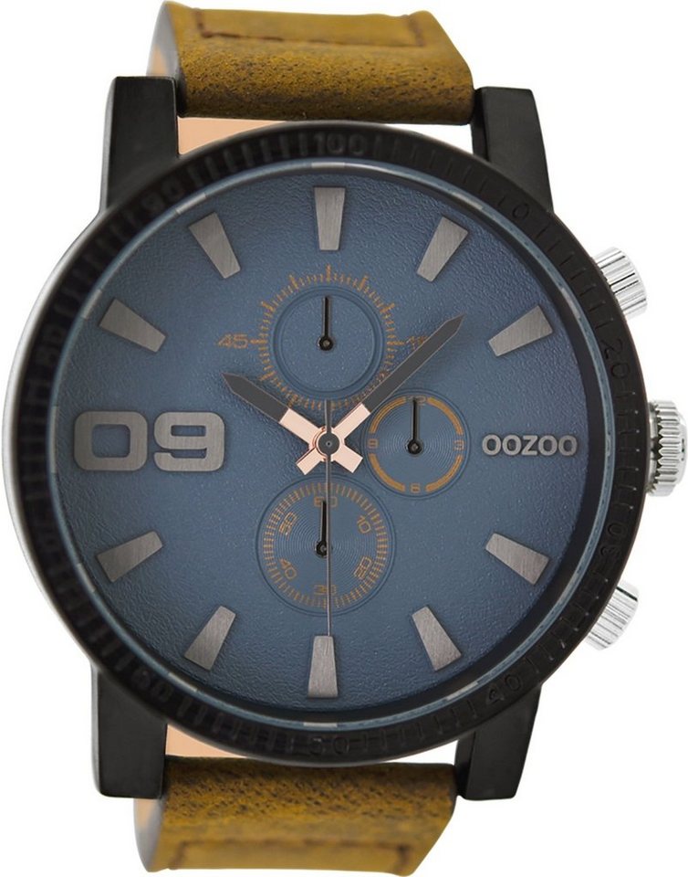 OOZOO Quarzuhr Oozoo Herren Armbanduhr braun Analog, Herrenuhr rund, extra  groß (ca. 50mm) Lederarmband, Casual-Style, blau-roségoldene Zeiger