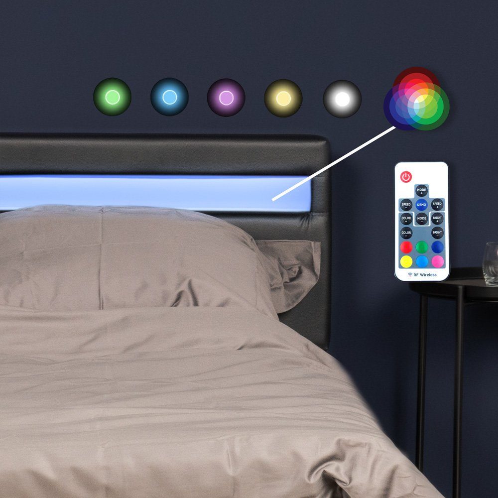 HOME DELUXE Bett ASTRO - 90/140 (inklusive Lattenrost), großes gepolstertes Kopfteil, LED Bett, Jugendbett