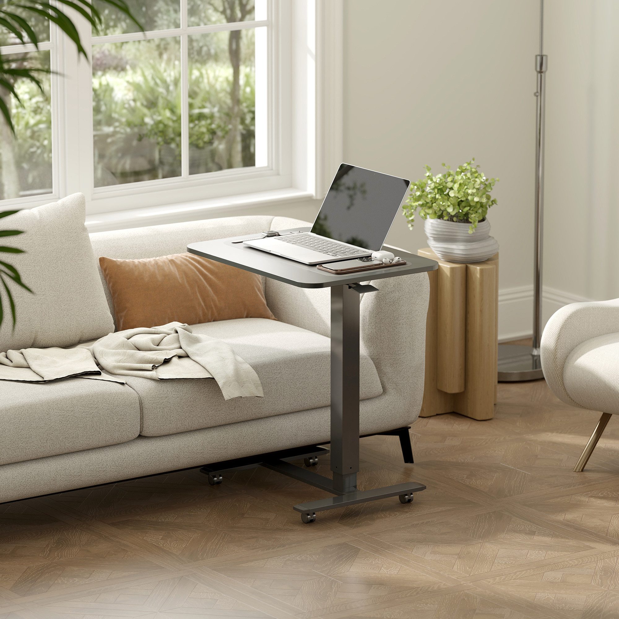 HOMCOM Schreibtisch Steh-Sitz mit 4 Rollen, 65x48x73-110cm, schwarz (Stehpult, 1-St., Höhenverstellbar C-förmig Computertisch), für Büro, Arbeitszimmer, Wohnzimmer, bis 70 kg belastbar, Schwarz