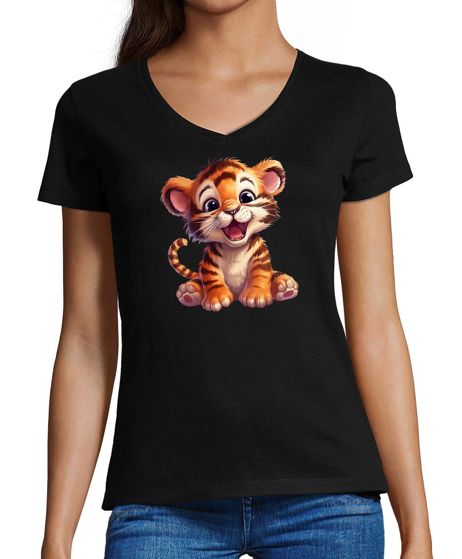 MyDesign24 T-Shirt Damen Wildtier Print Shirt - Baby Tiger V-Ausschnitt Baumwollshirt mit Aufdruck Slim Fit, i266