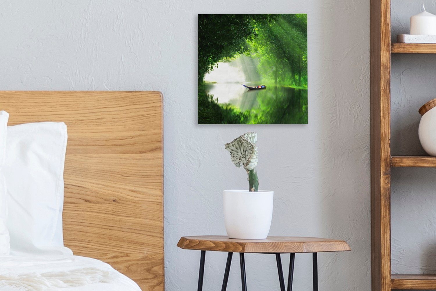 Leinwandbild Bilder umgeben Wohnzimmer Schlafzimmer Ein von St), OneMillionCanvasses® Wald, (1 Boot Leinwand einem grünem für auf Fluss,