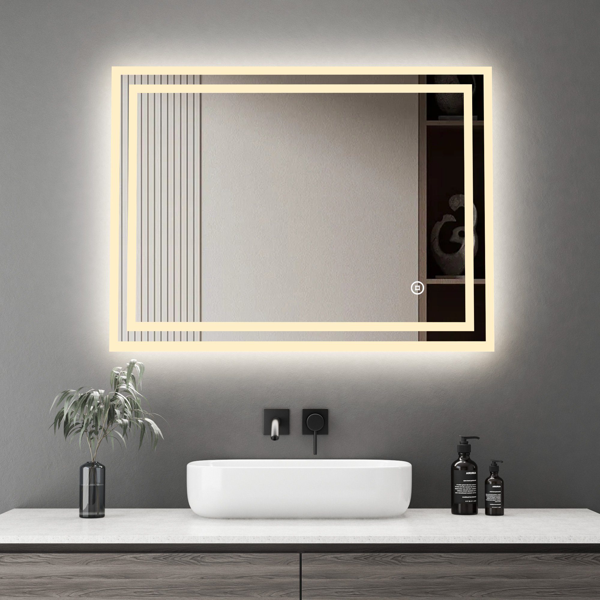 GOEZES Badspiegel Led Touch 80x60 Wandspiegel mit beleuchtung  Speicherfunktion (Spiegel Bad, Helligkeit dimmbar, 3000/4000/6500K),  2-Schalter, Vertikal Horizontal, IP44