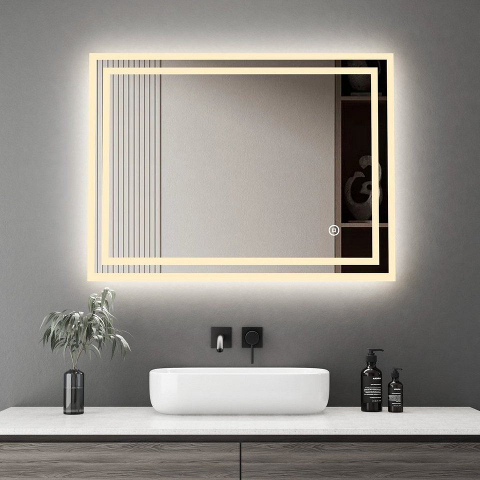 WDWRITTI Badspiegel Led Touch 80x60 Wandspiegel mit beleuchtung  Speicherfunktion (Spiegel Bad, Helligkeit dimmbar, 3000/4000/6500K),  2-Schalter, Vertikal Horizontal, IP44