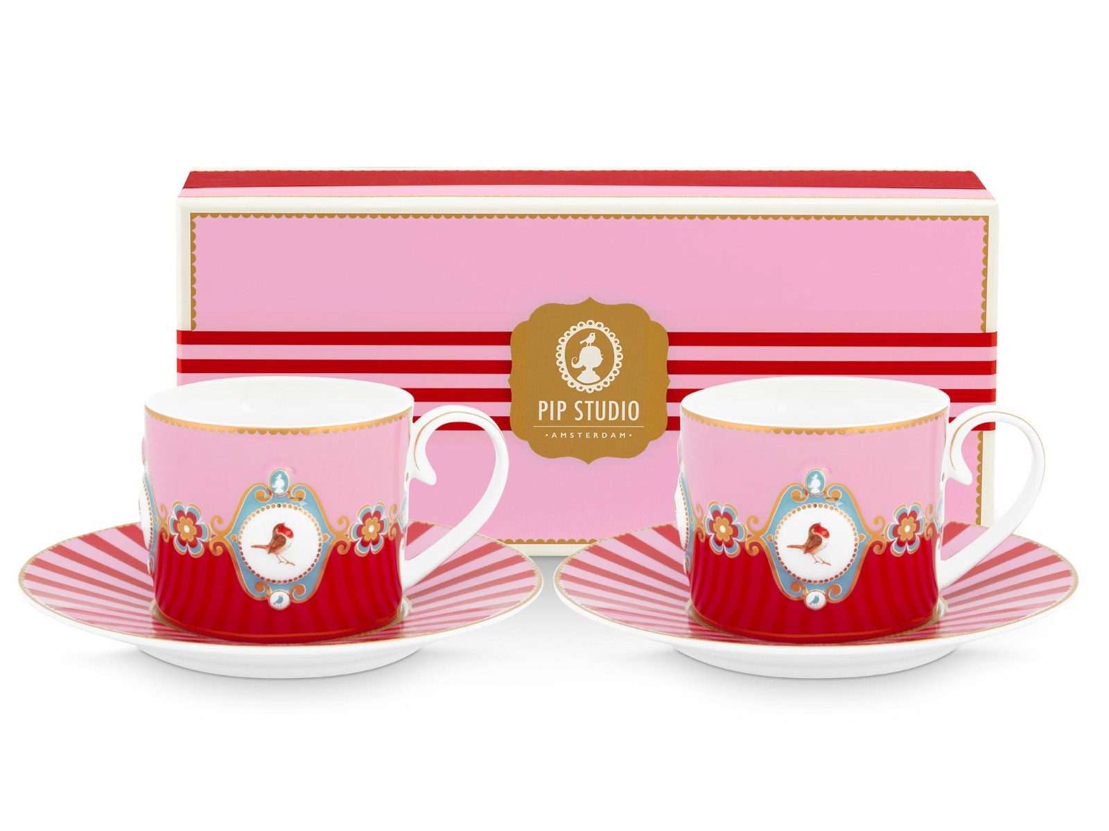 PiP Studio Tasse Love Birds Medallion Red-Pink Tasse mit Untertasse 0,15l Set2, Porzellan