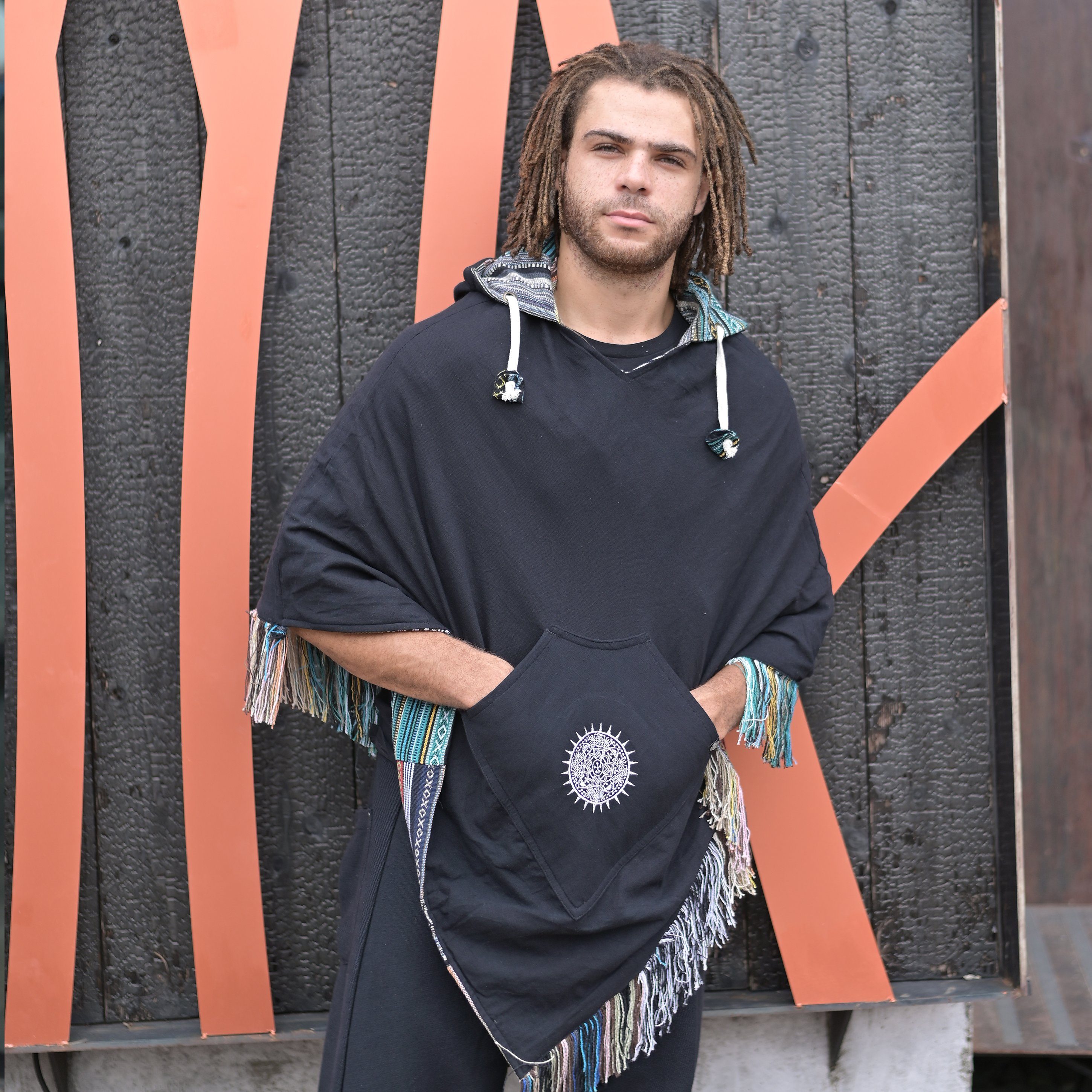 virblatt Poncho Poncho Herren, Baumwolle, Poncho Winter Mexiko Herren Poncho mit Kapuze, Unisex, zum Wenden, gesticketes Mandala