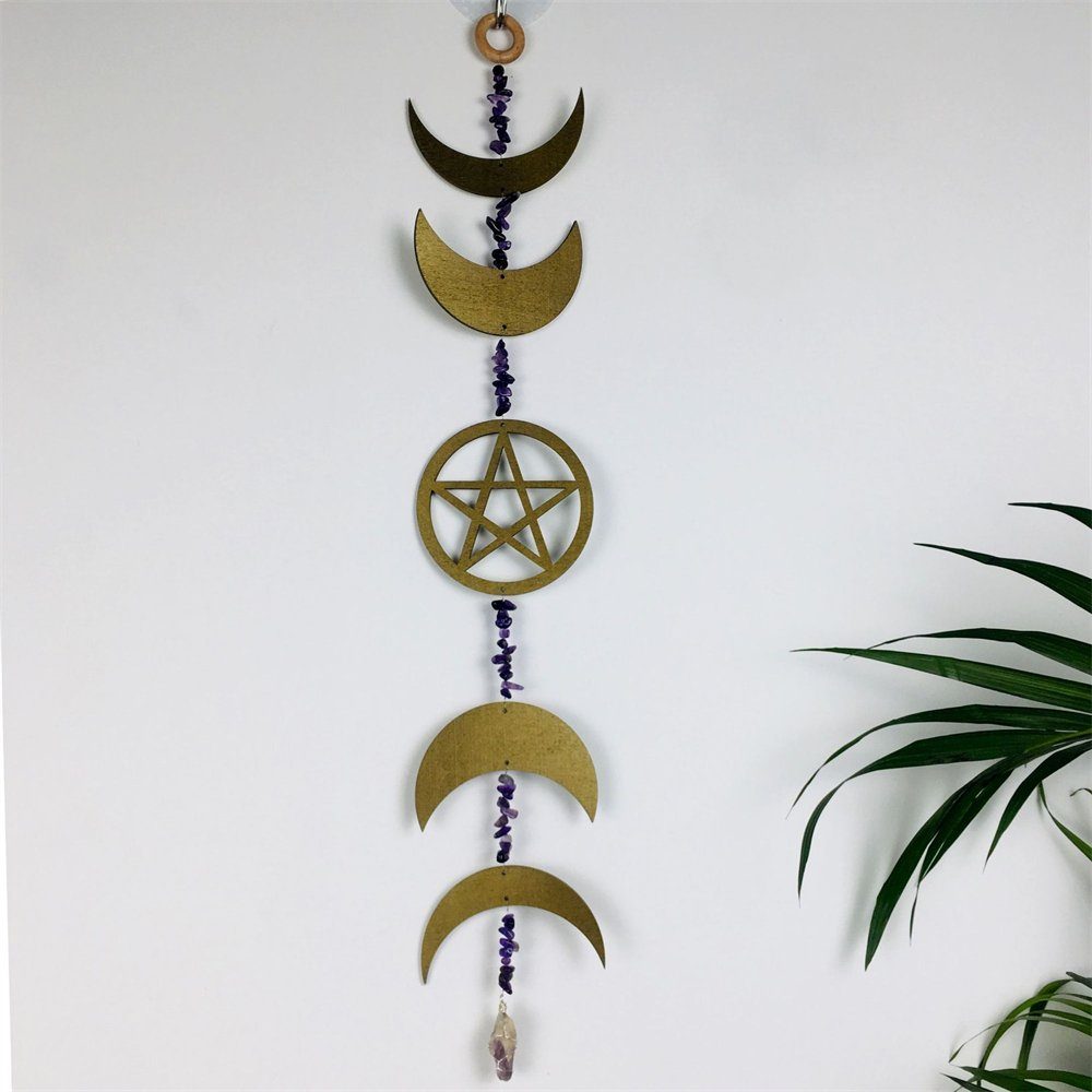 Rouemi Wanddekoration, Home Wanddekoobjekt Hanging Hölzerne Amethyst Pentagramm Mond
