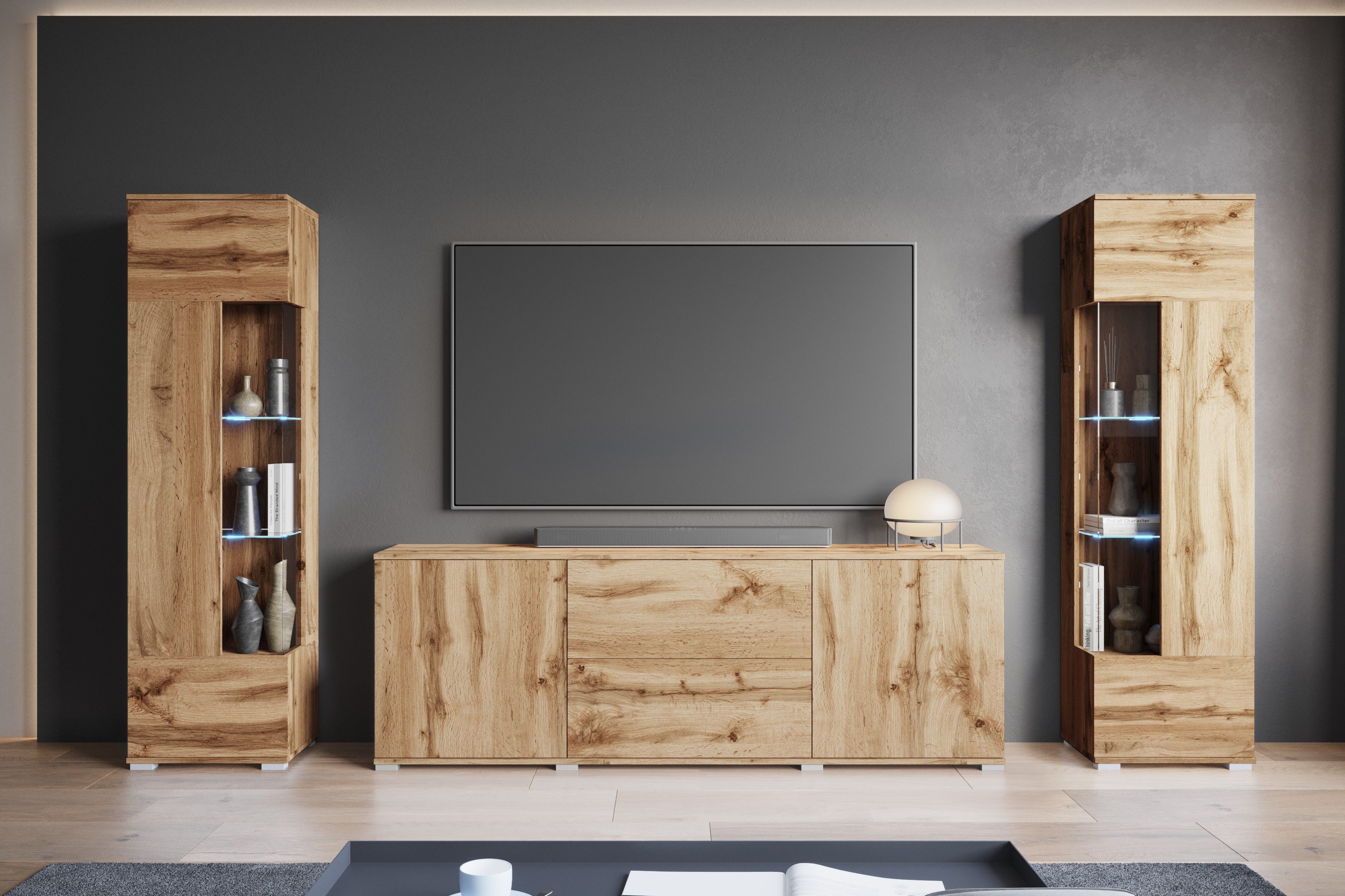 INOSIGN Wohnwand KENIA, (Komplett-Set, 3-St), Vitrinen mit Eckverglasung, h günstig online kaufen