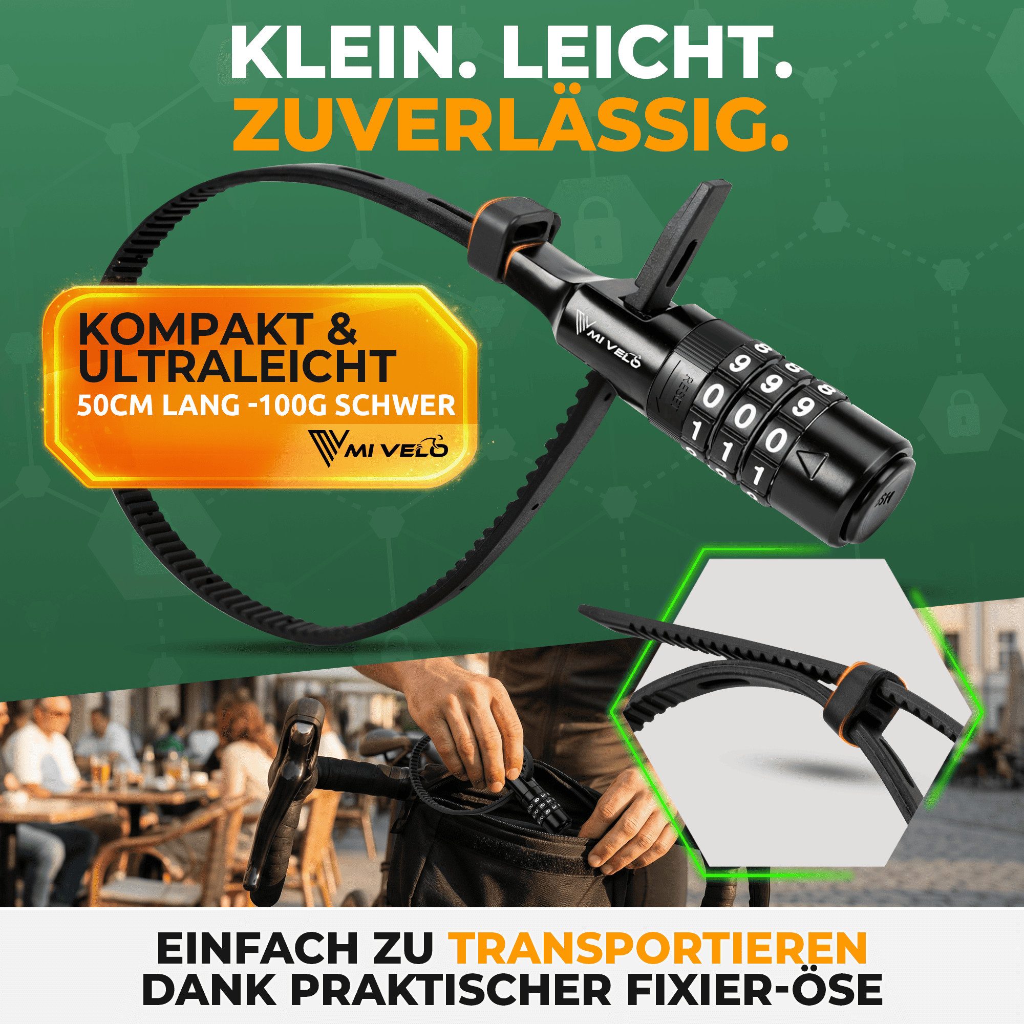 MIVELO Kabelschloss Fahrrad Kabelbinder-Schloss mit Zahlencode extra leicht und flexibel, inkl. Stahlkern