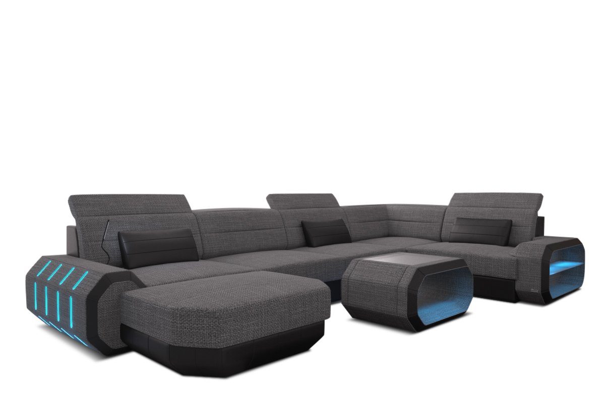 Roma wahlweise H Stoff U Form Wohnlandschaft grau-schwarz mit Schlaffunktion Designer Stoffsofa, Polster Strukturstoff Sofa Dreams Couch Sofa