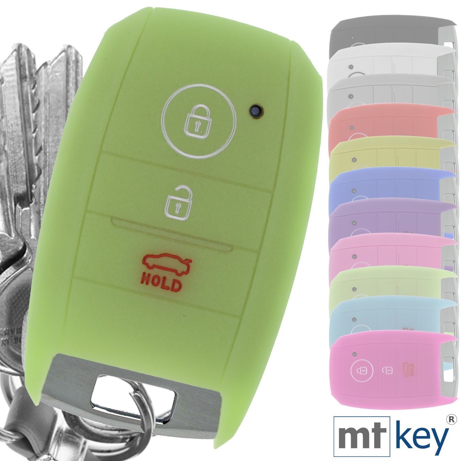 Stonic Soul Rio 3 Sportage Picantio Schlüsselband, Schutzhülle Ceed KIA KEYLESS Grün fluoreszierend mt-key Silikon Schlüsseltasche Tasten + Autoschlüssel für