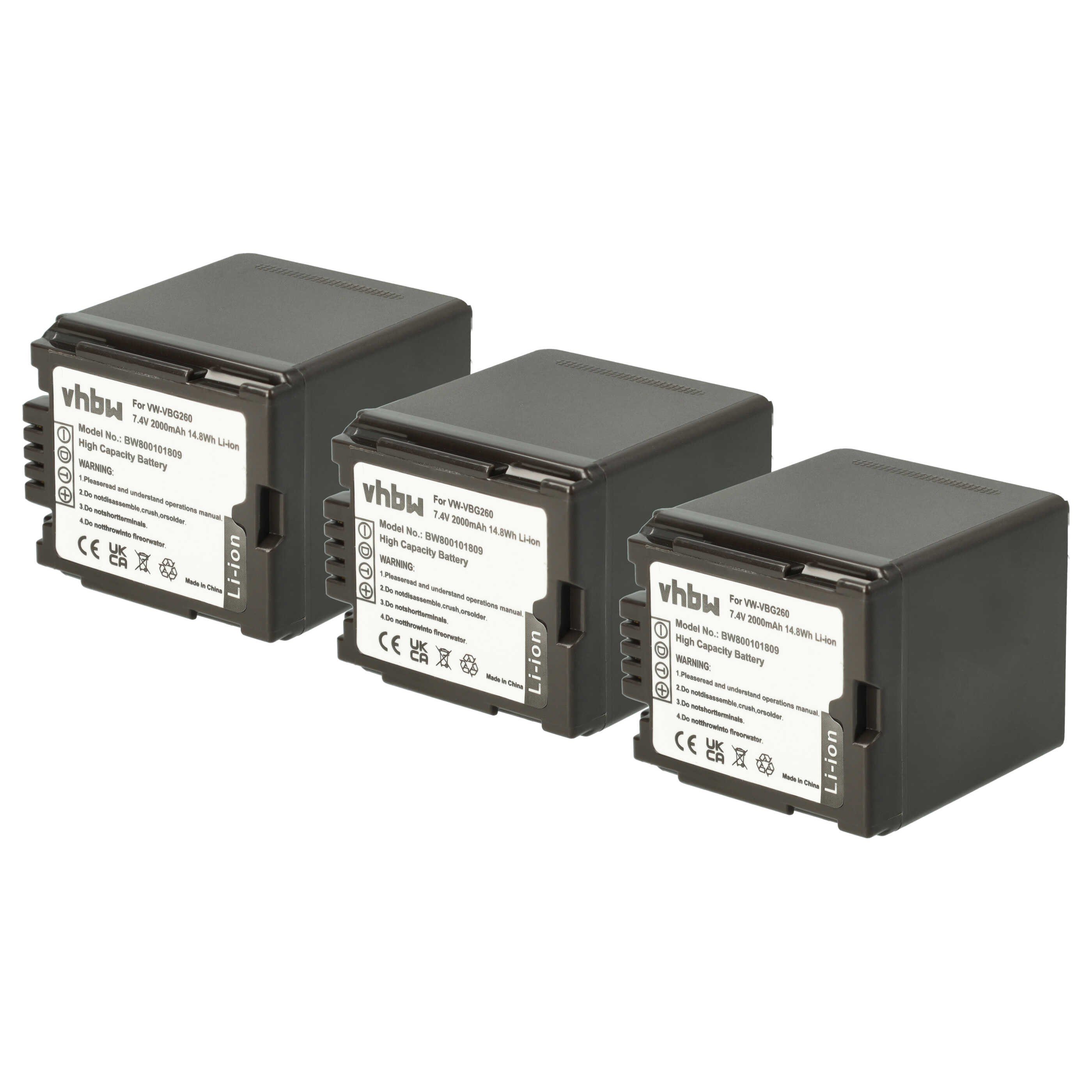 vhbw Akku passend für Panasonic HDC-SX5, HDC-TM350, HDC-SDT750, HDC-TM700, Kamera-Akku Akku Li-Ion 2000 mAh (7,2 V, 3 St), Leistungsfähige Austausch-Akkus für Ihre Videokamera, Wiederaufladbar
