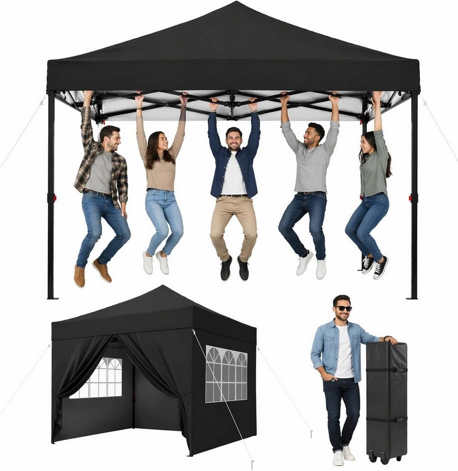 AOXUN Pavillon 3x3m Wasserdicht mit 4 Seitenwänden,Dunkelgrau, klappbar, 100% Wasserdicht & Hoher UV-Schutz