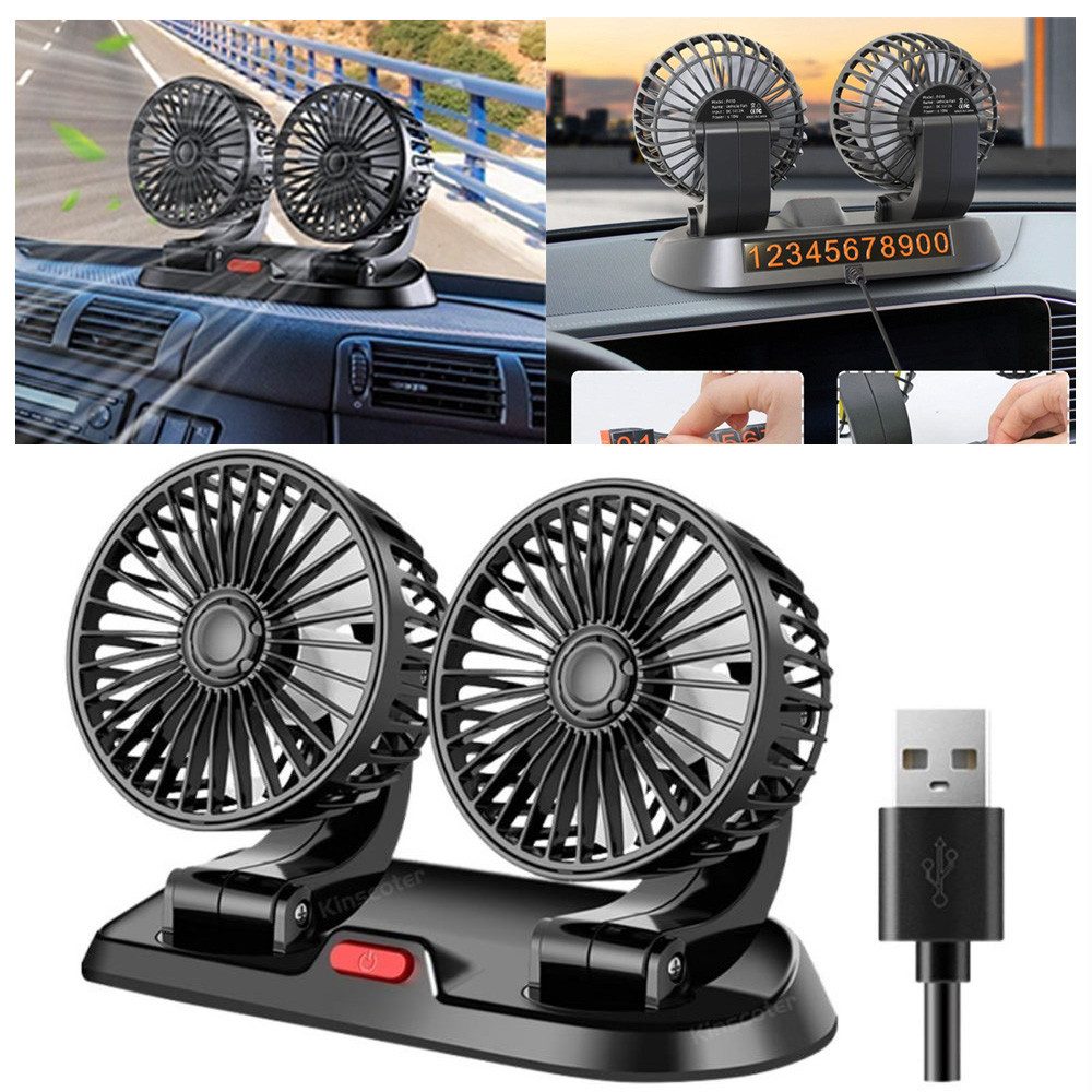 QUBEBU Mini USB-Ventilator 12V Doppelkopf Auto Ventilator für KFZ, LKWs, SUV, 360-Grad-Drehung, USB-Aufladung, für alle Autos geeignet, selbstklebend.