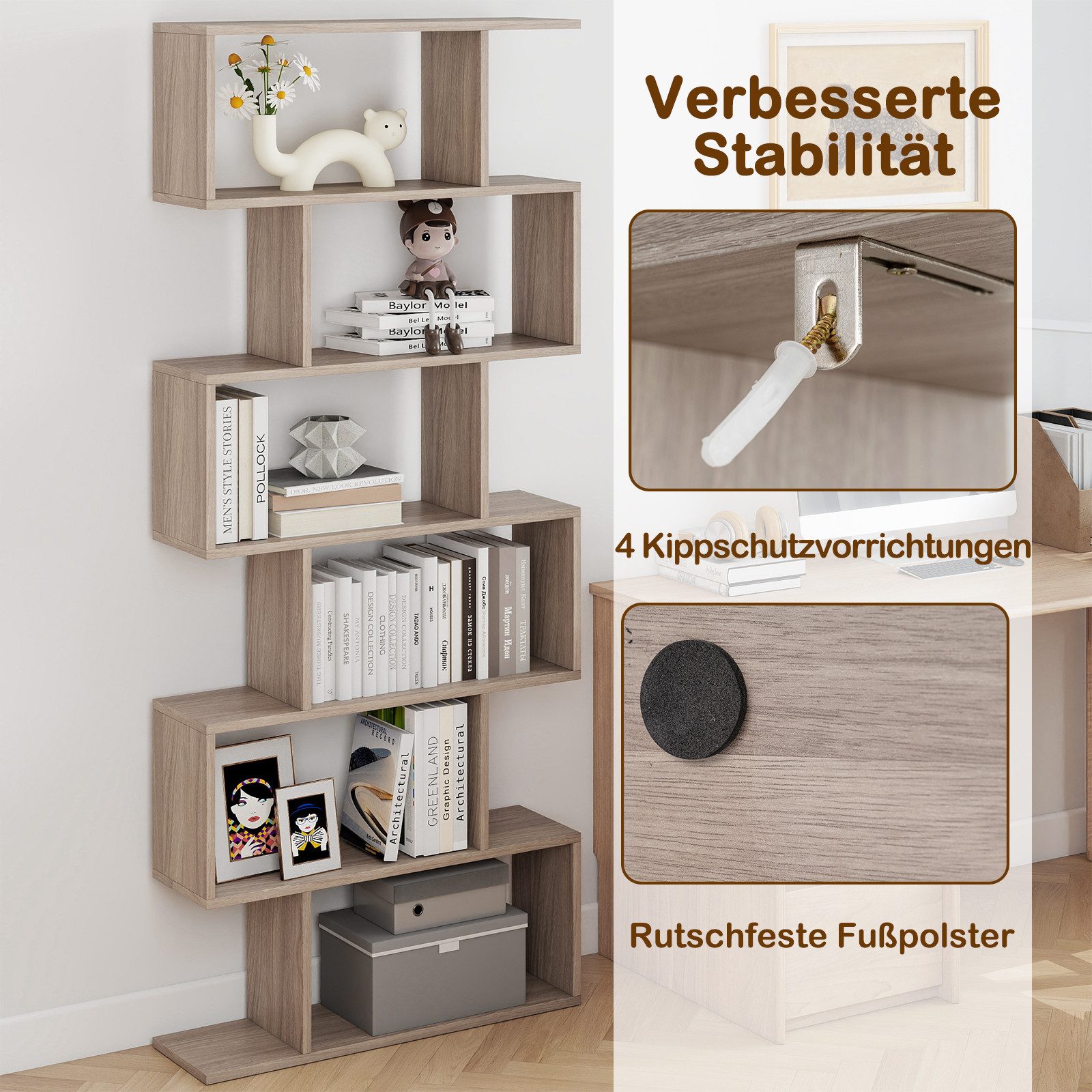 COSTWAY Bücherregal, Standregal mit 6 Fächern, 20 kg/Ebene, 80x23x192cm, grau
