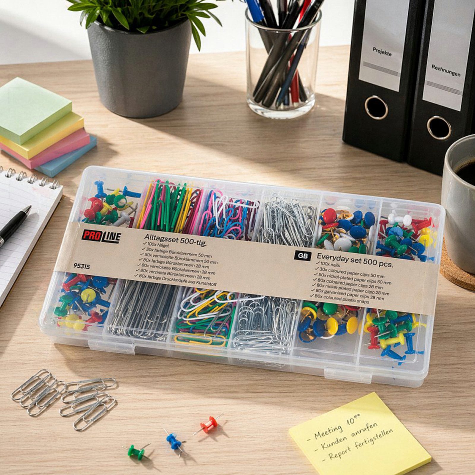 Haushalt International Büroklammer Reißzwecke Büroset Office-Set 500tlg Kunststoffbox, 500tl, vielfälltig, Box 21x11x3cm, Papierclips