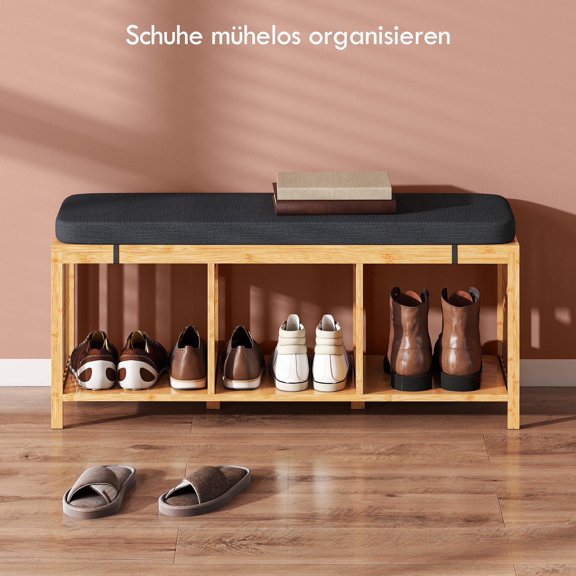 HOMCOM Schuhbank Schuhregal mit Stauraum, Sitzbank aus Bambus mit offener Ablage (Flurbank, 1-St., inkl. Sitzkissen), Schuhbank mit Sitzkissen und Stauraum – Bild 5 von 5