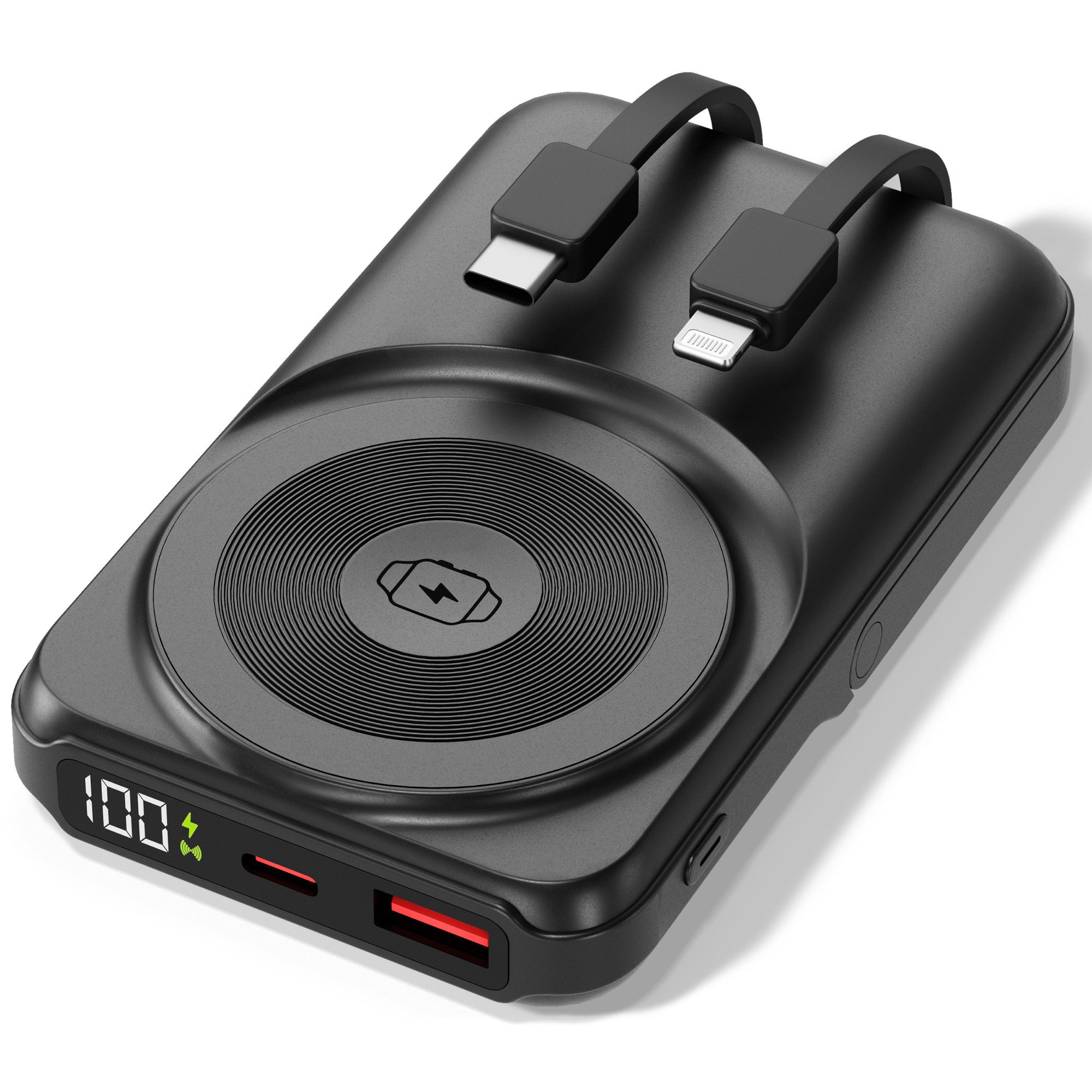 VIESTA 22,5 W Schnellladen, LED-Display, ALL-IN-ONE 10.000 mAh Schwarz Powerbank, 15 W Wireless, Apple Watch, integrierte Kabel USB-C & Lightning