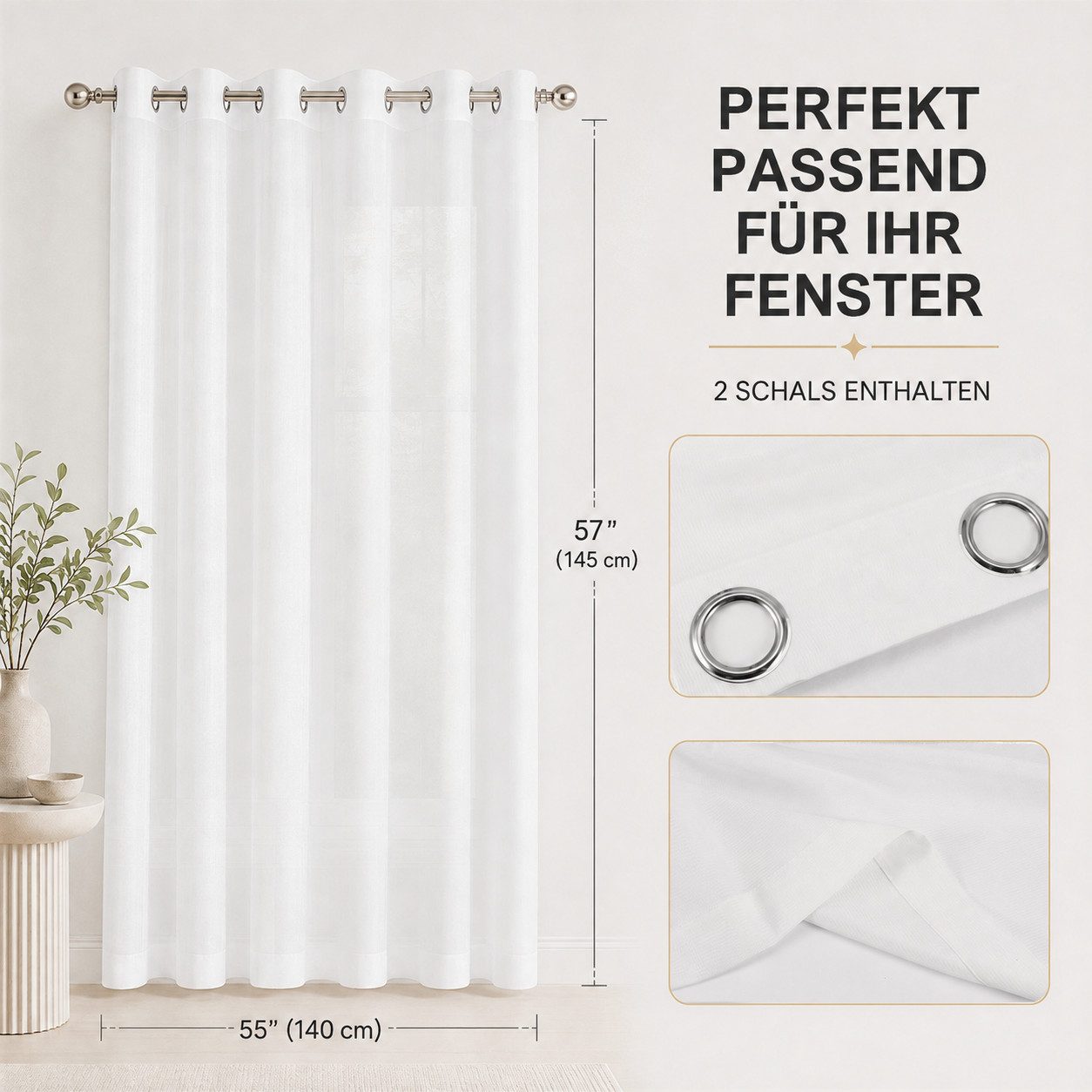 BlingBin Gardine 2er-Set Voile Vorhänge mit Ösen (4 cm) (2 St), Ösen, transparent, Voile, 140 × 145 cm wohnzimmer gardine, transparenter fensterschal, Weiß – Bild 3 von 5