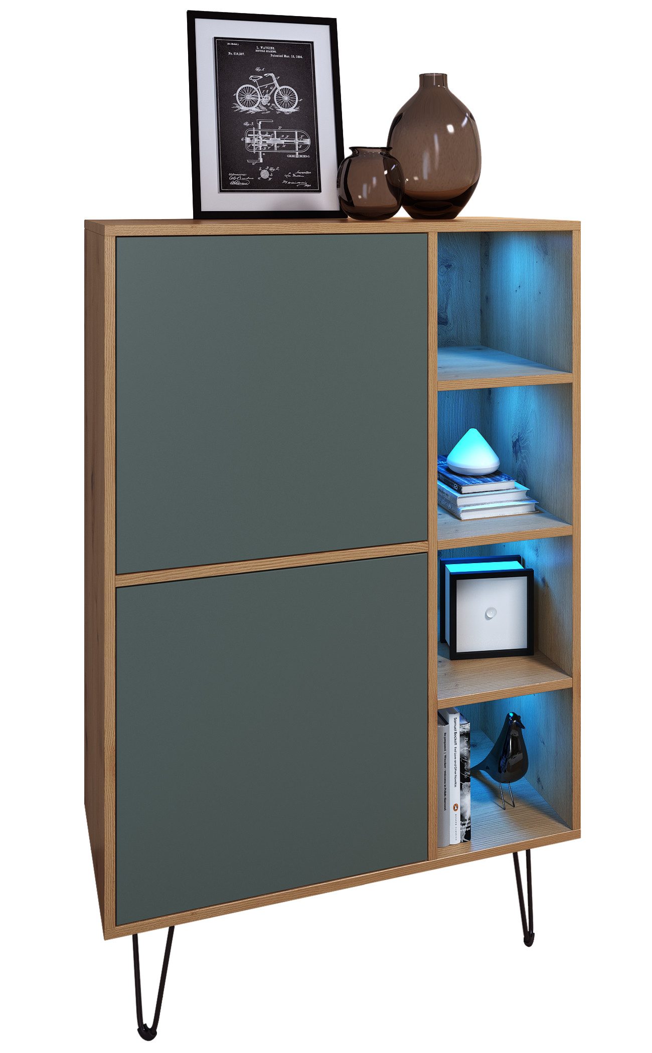 Vladon Highboard Havana V1 (Sideboard mit 2 Türen und 4 offene Fächer, Kommode mit LED, Made in Germany), Eiche Evoke / Fjord Grün (124 x 79 x 35 cm)