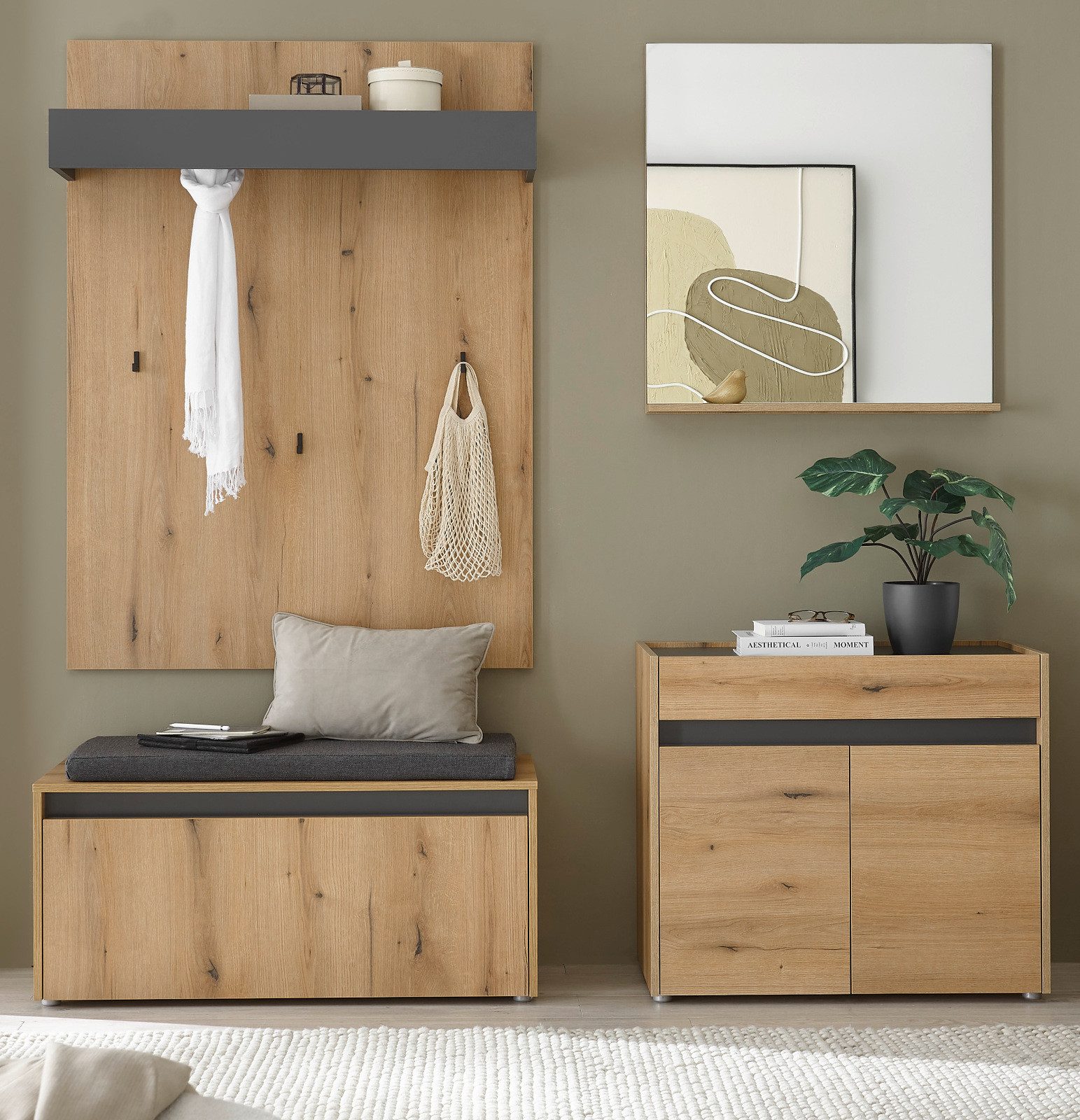 Furn.Design Garderoben-Set Center, (Flurgarderobe in Eiche mit Grau, Set 4-teilig, 190 x 200 cm), mit Sitzkissen