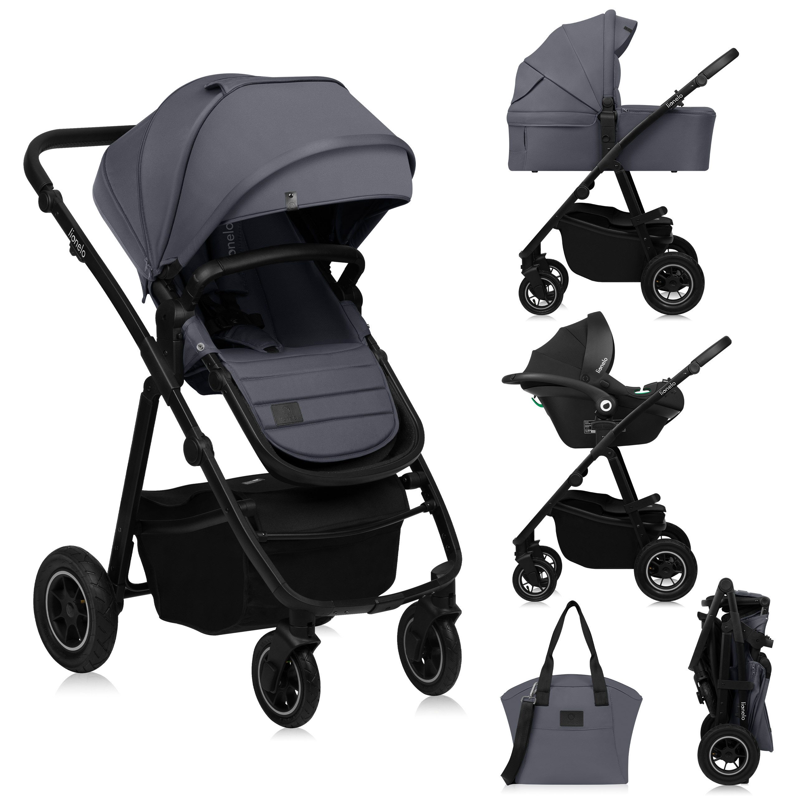 lionelo Kombi-Kinderwagen AMBER PLUS 3IN1, (Set 2in1 oder 3in1), 3-in-1-System / Babywanne & Buggy / Von Geburt bis 4 Jahre