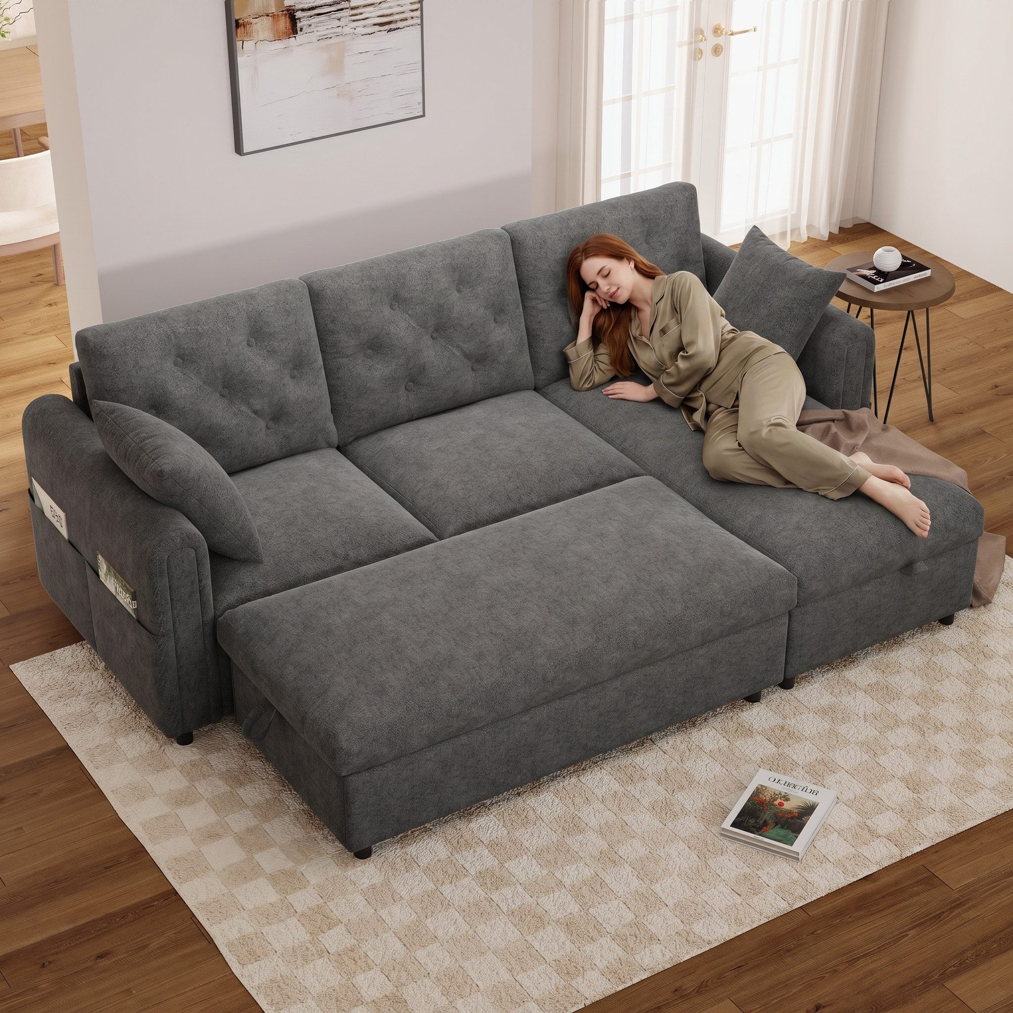 Merax Ecksofa 3 Sitzer Ecksofa Mit Stauraum, Sofa Mit Chaise Longue Und Hocker, 1 Teile, Couch Mit Magazintaschen, Wechselbare Ottomane, Samt Soffa