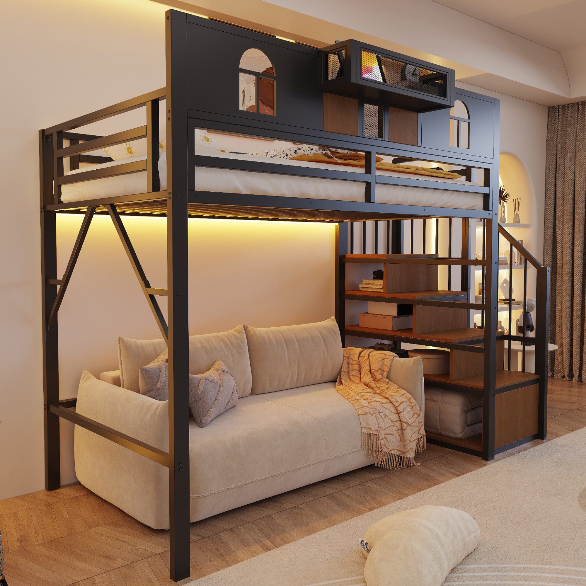Odikalo Kinderbett Hochbett Bettgestell Jugendbett Stauraum Metallrahmen 140x200 90×200 (Metall Mit Stauraumleiter und Lichtleiste Mit Ablagefach Fenster Holzplatten und Metallgitterelementen Erhöhte Umzäunung Stabiler Metallrahmen Ohne Matratze)