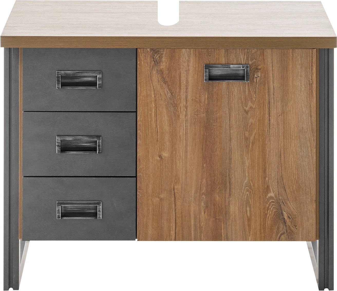 Home affaire Waschbeckenunterschrank Detroit, Waschtisch mit Apothekergriff, Badschrank im Industrialdesign Eiche Dekor, mit Schubladen & Stauraum, Breite 81 cm
