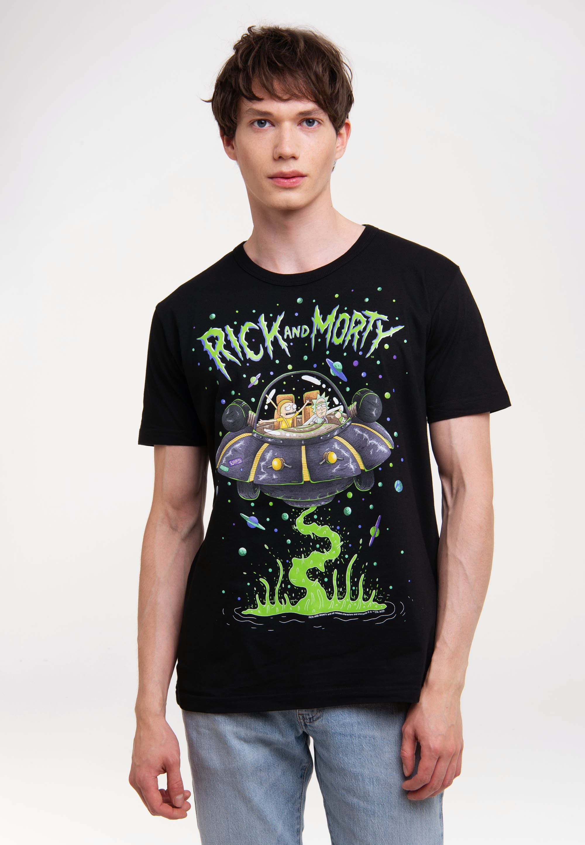 Design lizenziertem reiner T-Shirt mit authentischem Aus - Print, Rick Raumschiff in Baumwolle gefertigt Morty LOGOSHIRT &