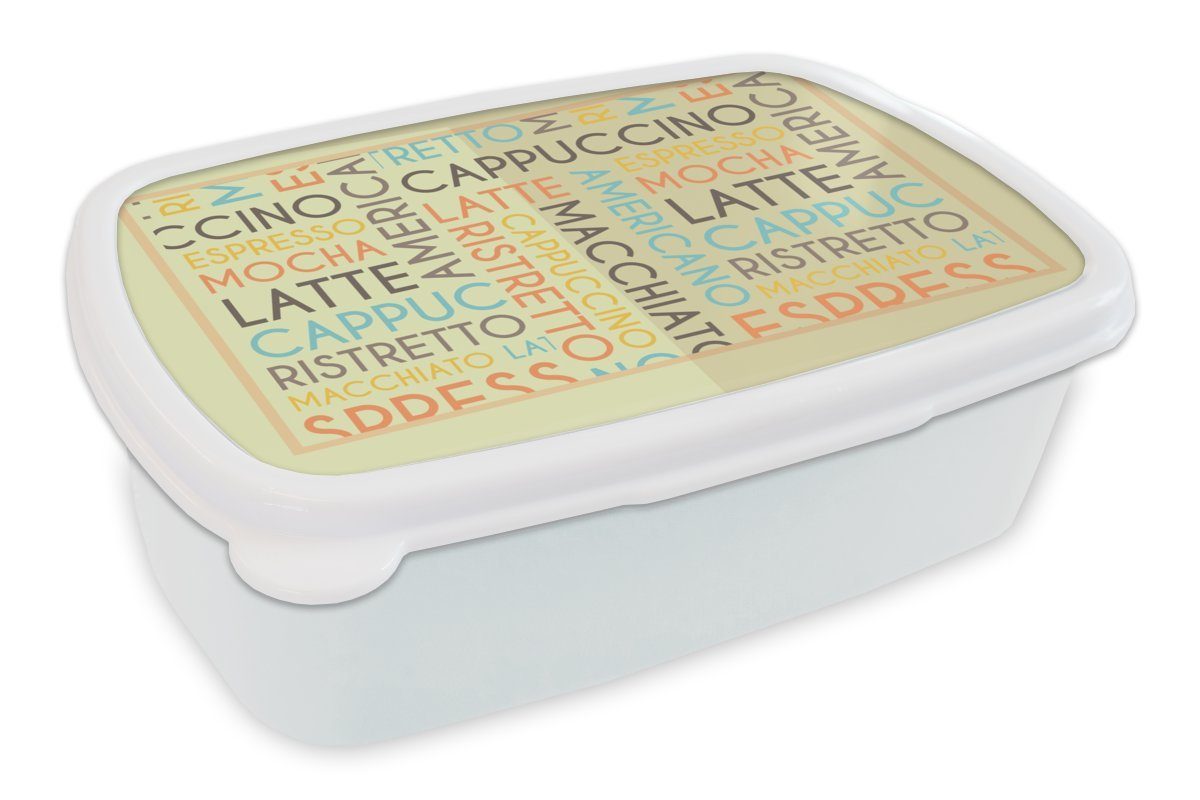 MuchoWow Lunchbox "Espresso, Latte, Cappuccino" - Kaffee - Sprichwörter - Zitate, Kunststoff, (2-tlg), Brotbox für Kinder und Erwachsene, Brotdose, für Jungs und Mädchen weiß