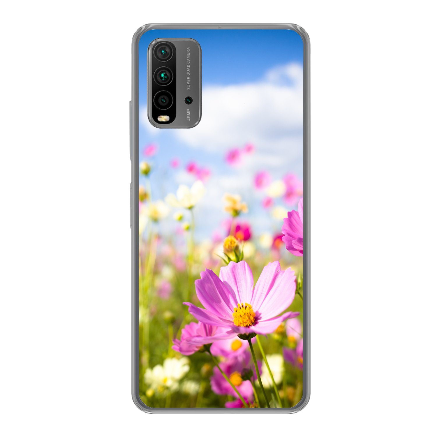 MuchoWow Handyhülle für Xiaomi Redmi 9T Blumen - Wiese - Lila - Gras - Weiß - Wolken - Bla, Phone Case, Silikon, Schutzhülle Dünn