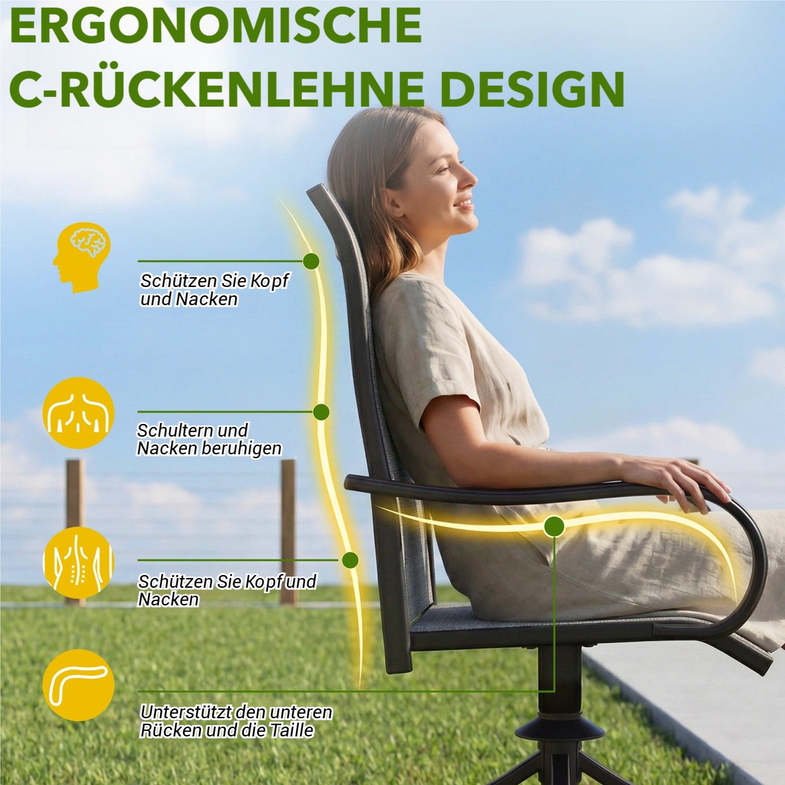 TLGREEN Gartenstuhl 360° drehbar, 2er Set Vollstahl-Teslin-Drehstuhl, (Wetterfeste Rostbeständig,bis 150 kg belastbar, 2 St), Für Terrasse Garten Balkon Bistrot – Bild 3 von 5