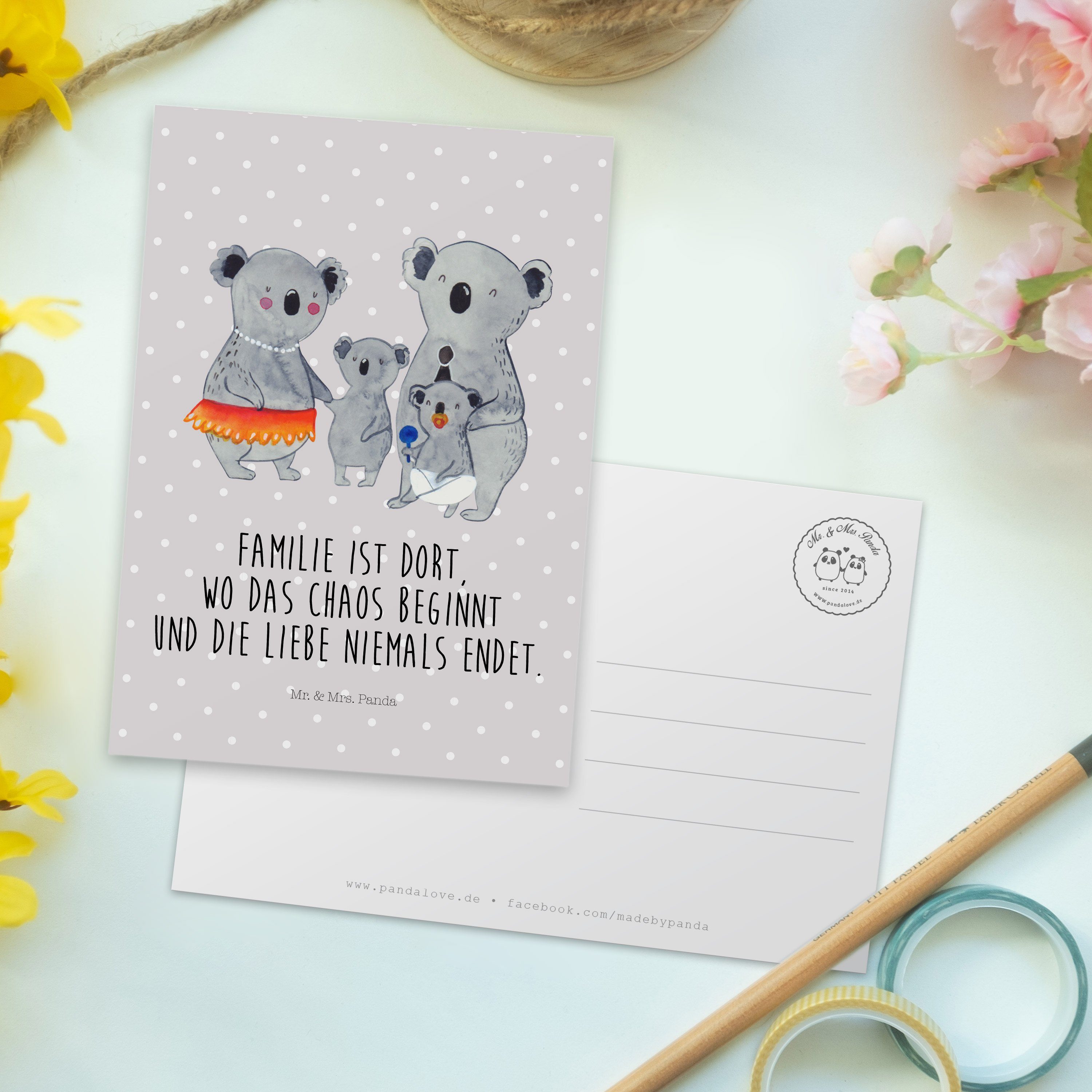 Mr. & Geschenk, Geschwister, Koala Grau Mrs. - Postkarte Grußkarte, Opa Panda - Pastell Familie