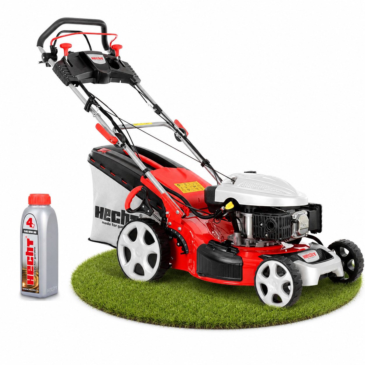 Hecht Benzinrasenmäher mit Antrieb Elektrostart 5in1 Funktion, 4Gänge, bis 4,5km/h, 51 cm Schnittbreite, 4,4 kW / 6 PS, Mulchkit, Seitenauswurf, Zerkleinern