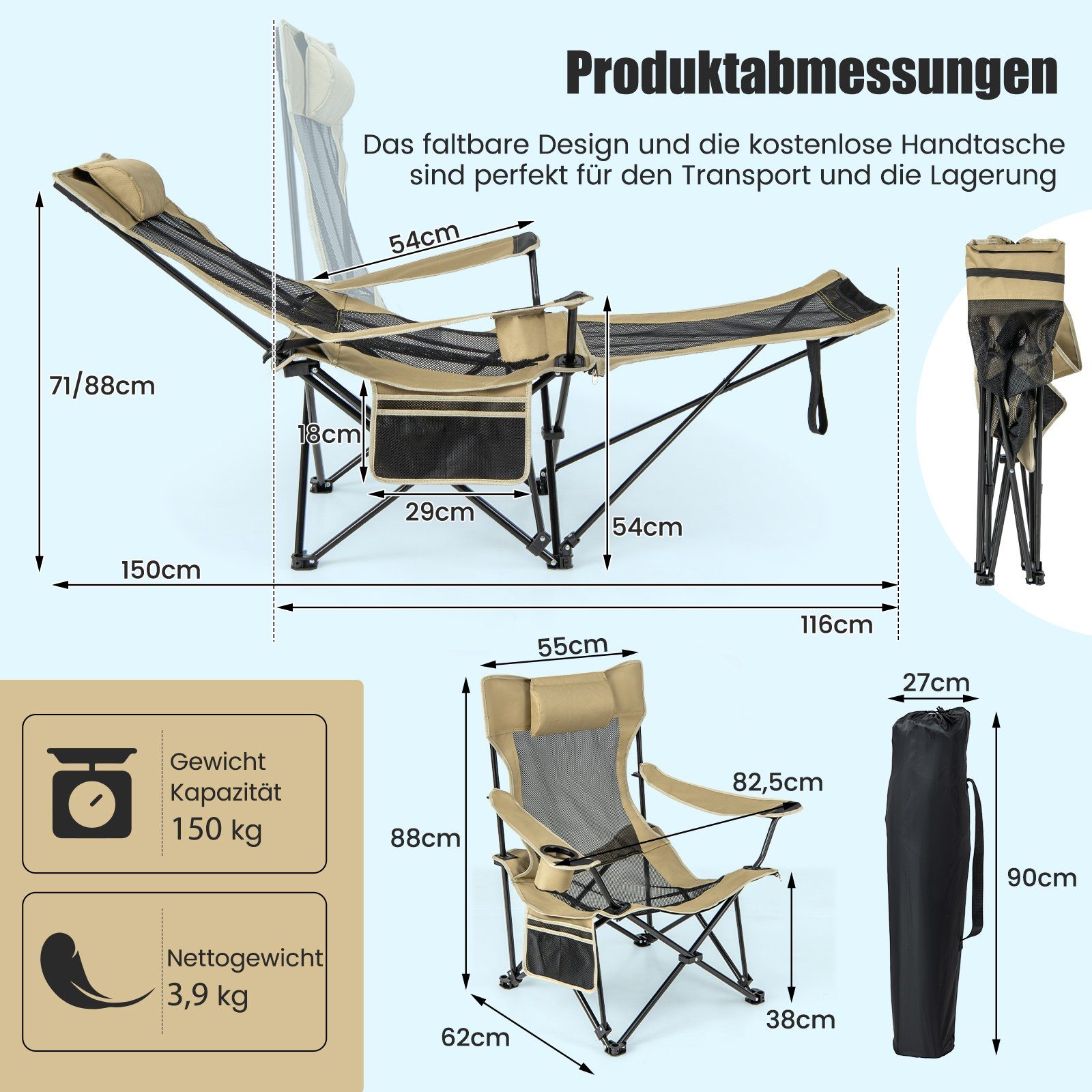 COSTWAY Campingstuhl Angelstuhl, faltbar mit Kopfstütze günstig online kaufen