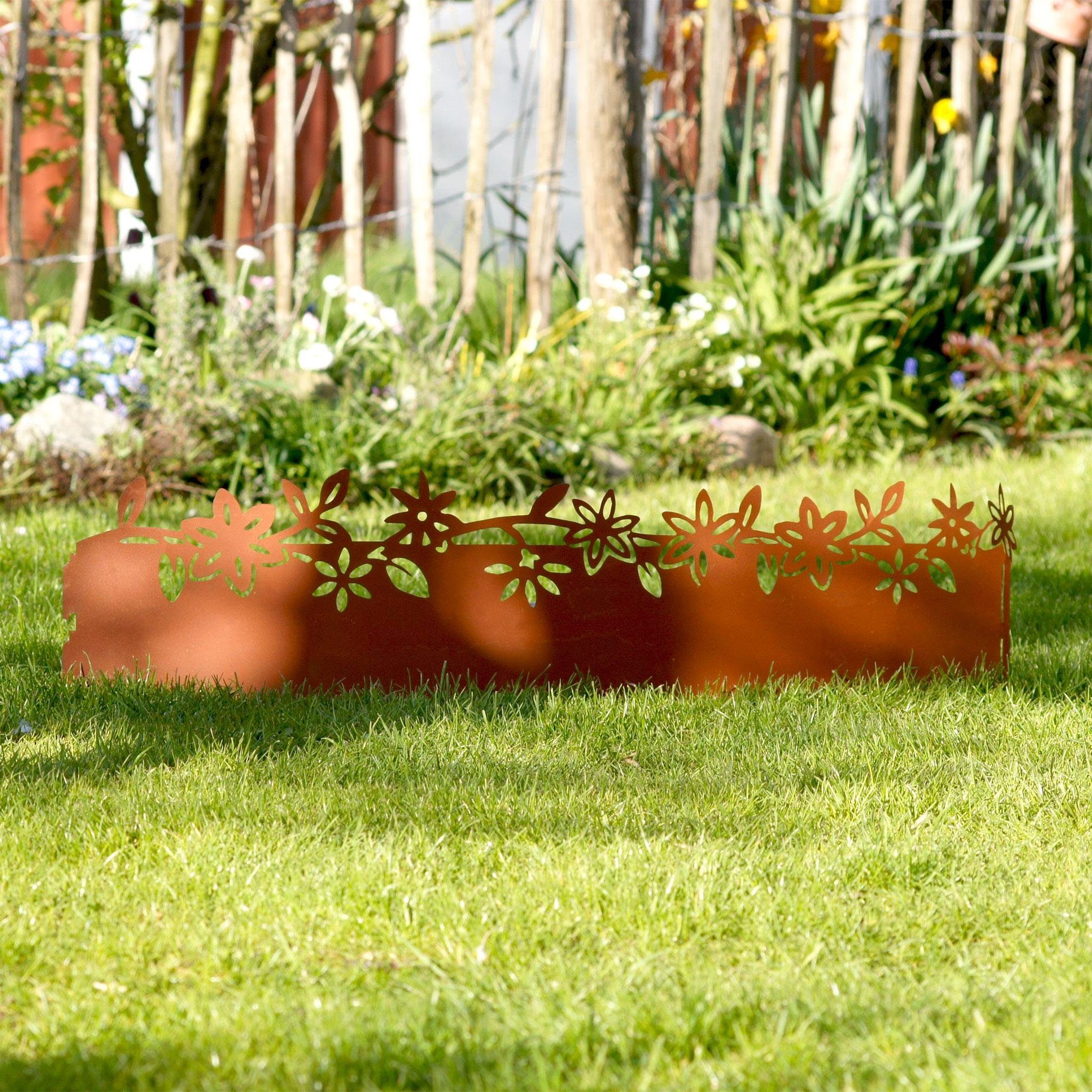 UNUS GARDEN Rasenkante Pflanzring Metall Rostoptik Blumenmotiv Ø 28 cm Garten, 1er Set - erweiterbar, Mähkante, Beetumrandung, Rasenkante 78 x 20 cm, robust
