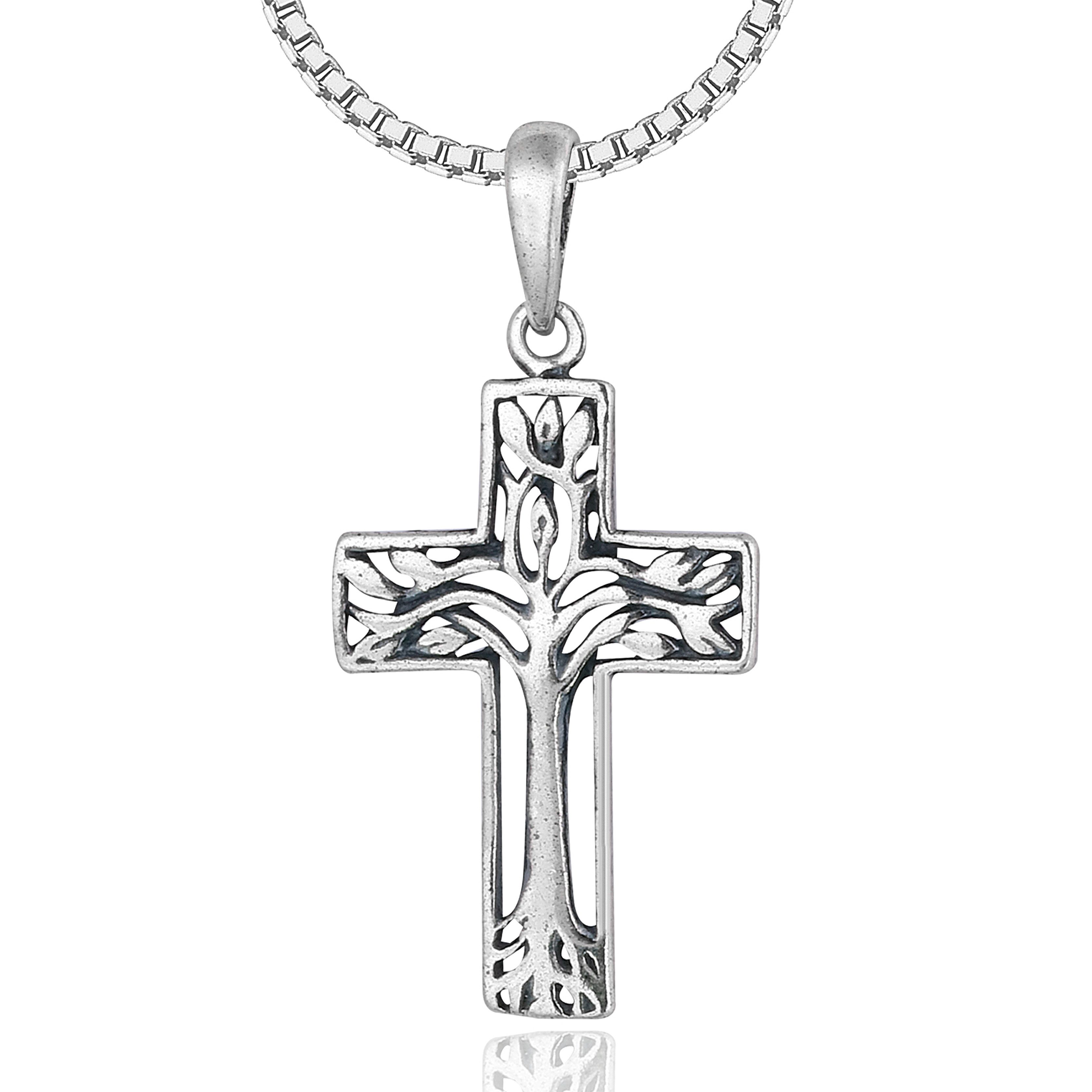 NAHLE Kette mit Anhänger Kreuz Silberkette Lebensbaum Kreuz Kette 925 Silber Halskette (2-tlg., inkl. Schmuckbox), 925 Silber