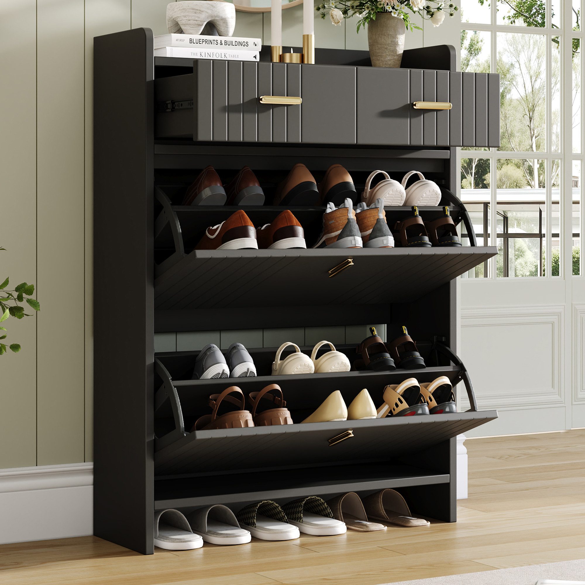 Flieks Schuhschrank Schuhkommode mit 2 Schublade, 2 Klappen und verstellbarer Einlegeböden (B75/T24/H108,5 cm, 1-St) Schuhregal Schuhkipper Flurschrank, doppelstöckiges Design Schwarz