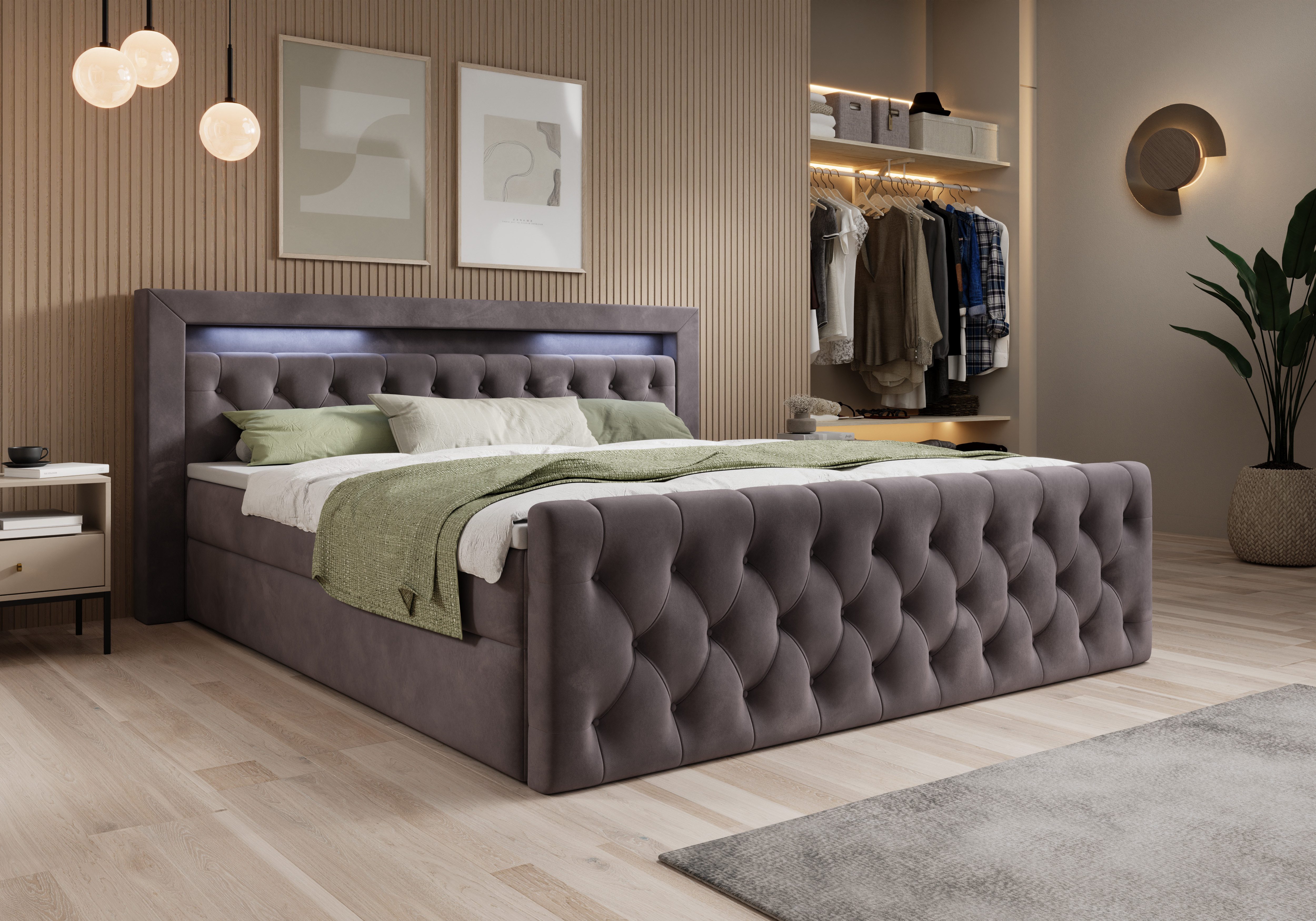 thematys Boxbett LED mit Bettkasten 140x200–200x200 cm – Velours oder Bouclé Bezug – (Polsterbett Bonnellfederkern Matratze H3 + Gratis 3cm Topper, Boxbett - Luxus Doppelbett mit Stauraum und LED)
