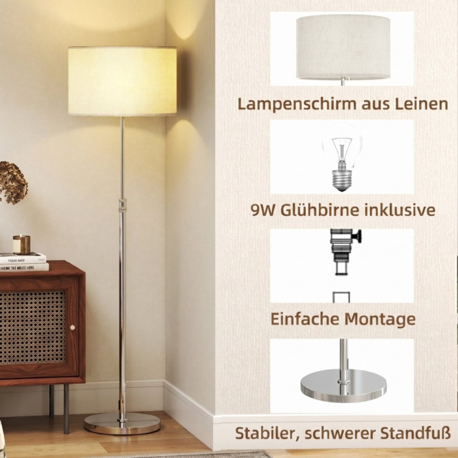 Blossom LED Stehlampe Stehlampe mit Fernbedienung, höhenverstellbar, dimmbar, Stoffschirm, LED Stehleuchte mit Fußschalter für Wohnzimmer Schlafzimmer Büro