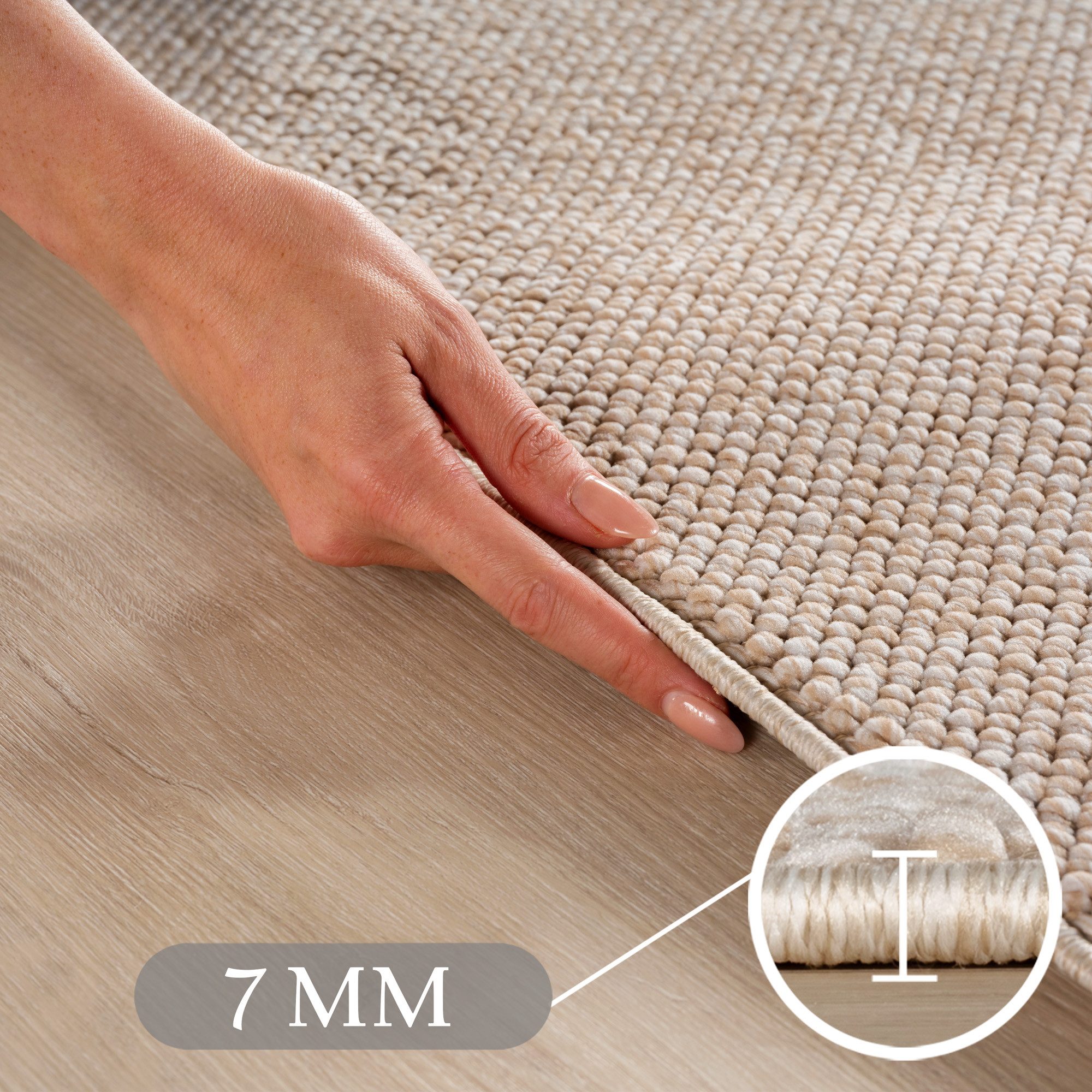 Teppium Teppich Unicolor - Einfarbig, Rund, Höhe: 20 mm, Kurzflor Schlingen Teppich Beige Boucle-Loop Wohnzimmer Teppich
