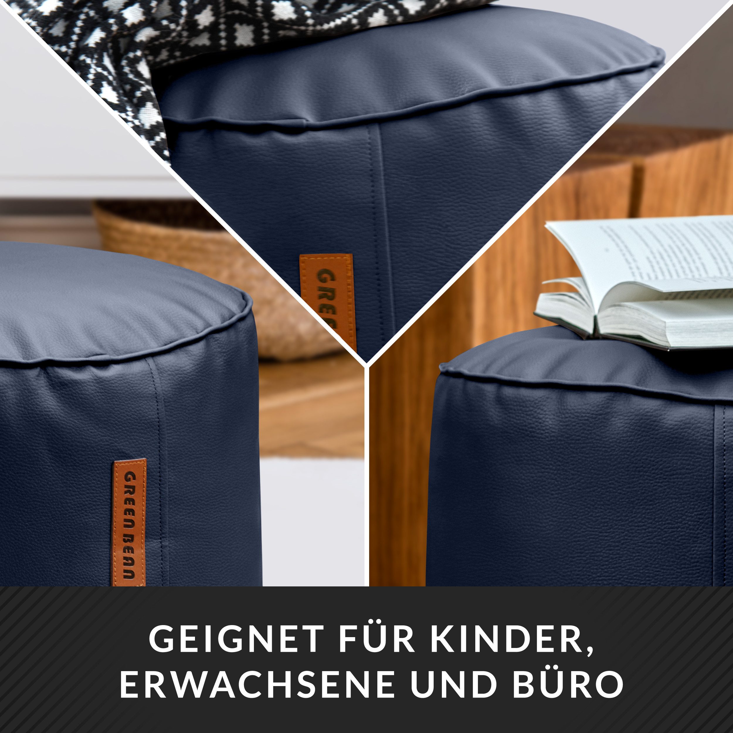 Green Bean Pouf Sitzsack-Hocker Kunstleder Stay rund (Indoor / Outdoor, abwaschbarer Oberfläche & EPS Perlen Füllung, Sitzwürfel Sitzkissen Hocker Sitzhocker), die ideale Ergänzung zum Sitzsack