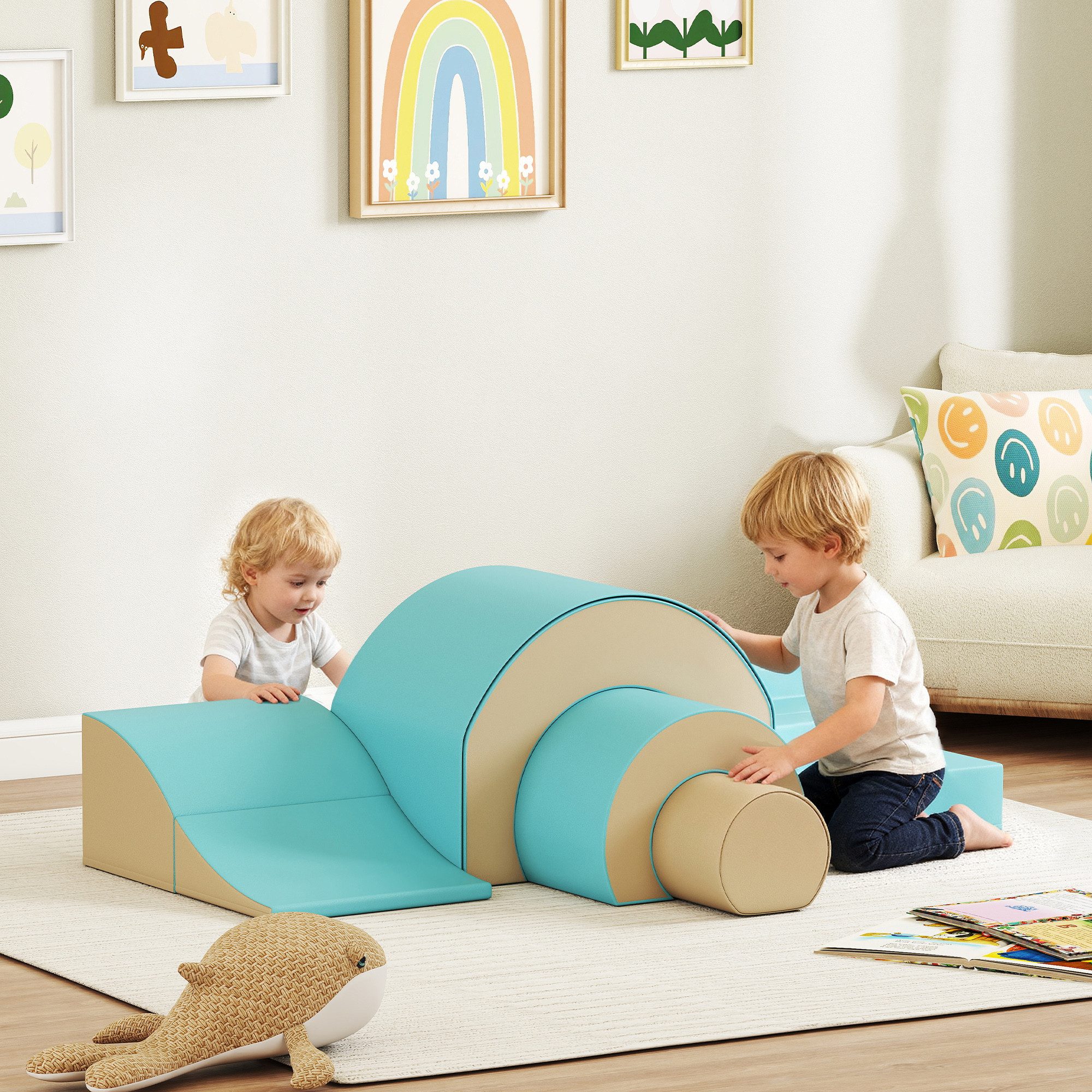 AIYAPLAY Schaumstoff Bausteine Kinder Spielbausteine, (Riesenbausteine, 5 St., 5 tlg. Klettern Softbausteine), Bauklötze Bausteinset Kunstleder Sand+Grün