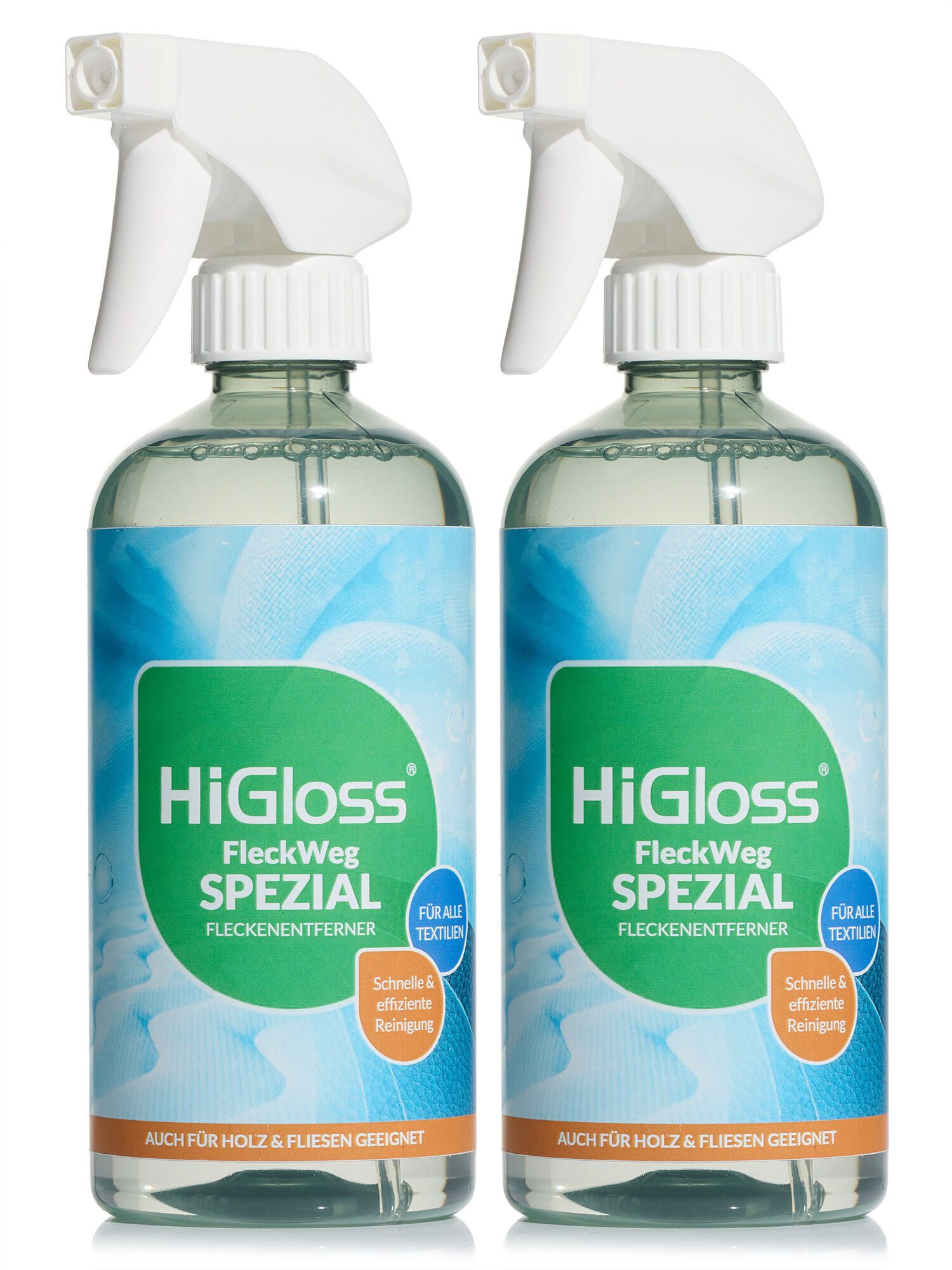 HiGloss FleckWeg Spezial kraftvoll & vielseitig einsetzbar Fleckentferner (2-St. 2 x 500 ml Effektiver Reiniger für Textilien, Polster, Leder & Alcantara)