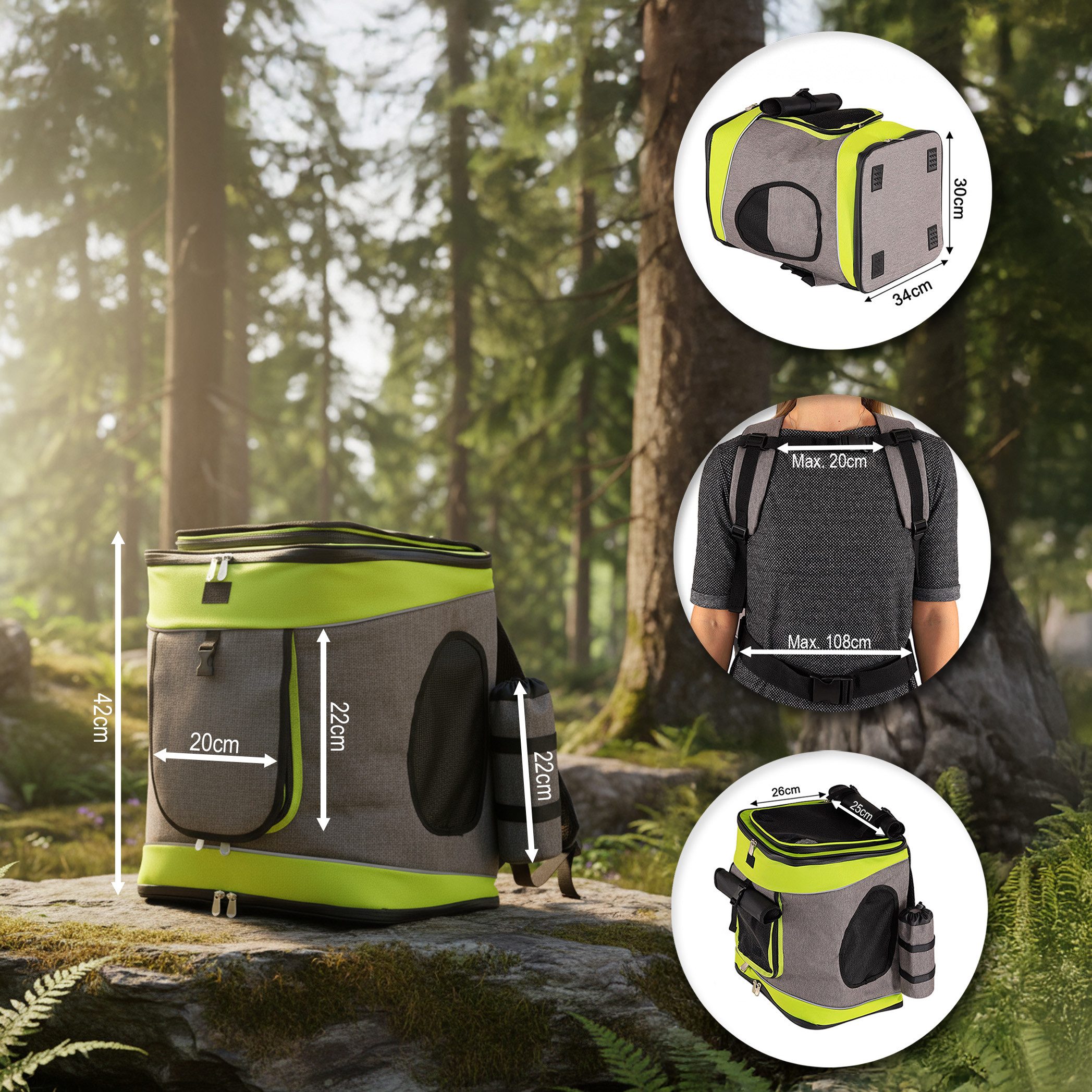 belviona Rucksack für Katzen bis 10 kg, mit Regenschutz, grau/grün (1-tlg), mit Belüftung, Trinkflaschenfach & Regenschutz – Bild 5 von 5