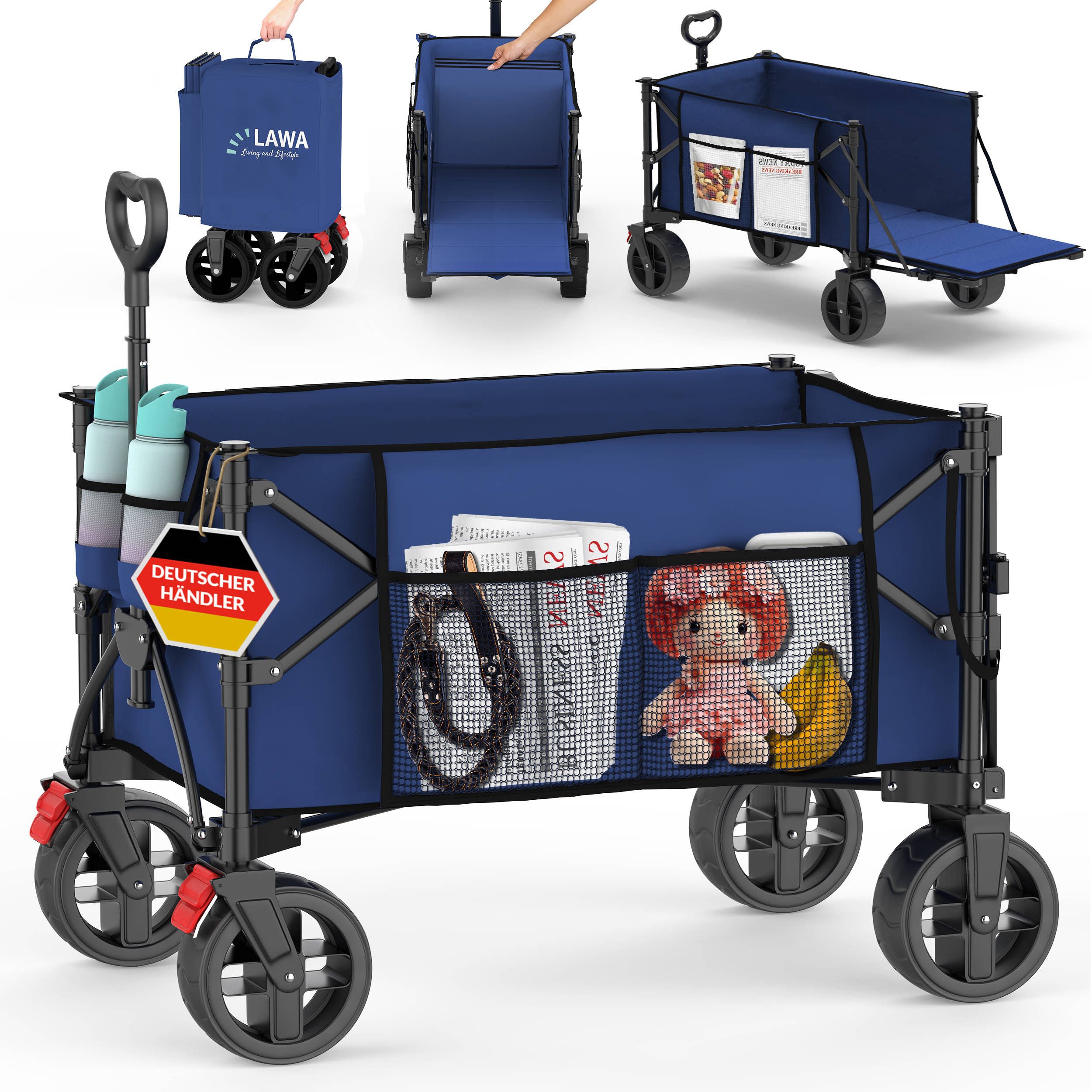LAWA Living and Lifestyle Тележки Handwagen klappbar 130l Bremse 100kg kleines Packmaß 10kg leicht, mit Heckklappe, verlängerbar, 110cm Teleskopgriff, Seitentasche
